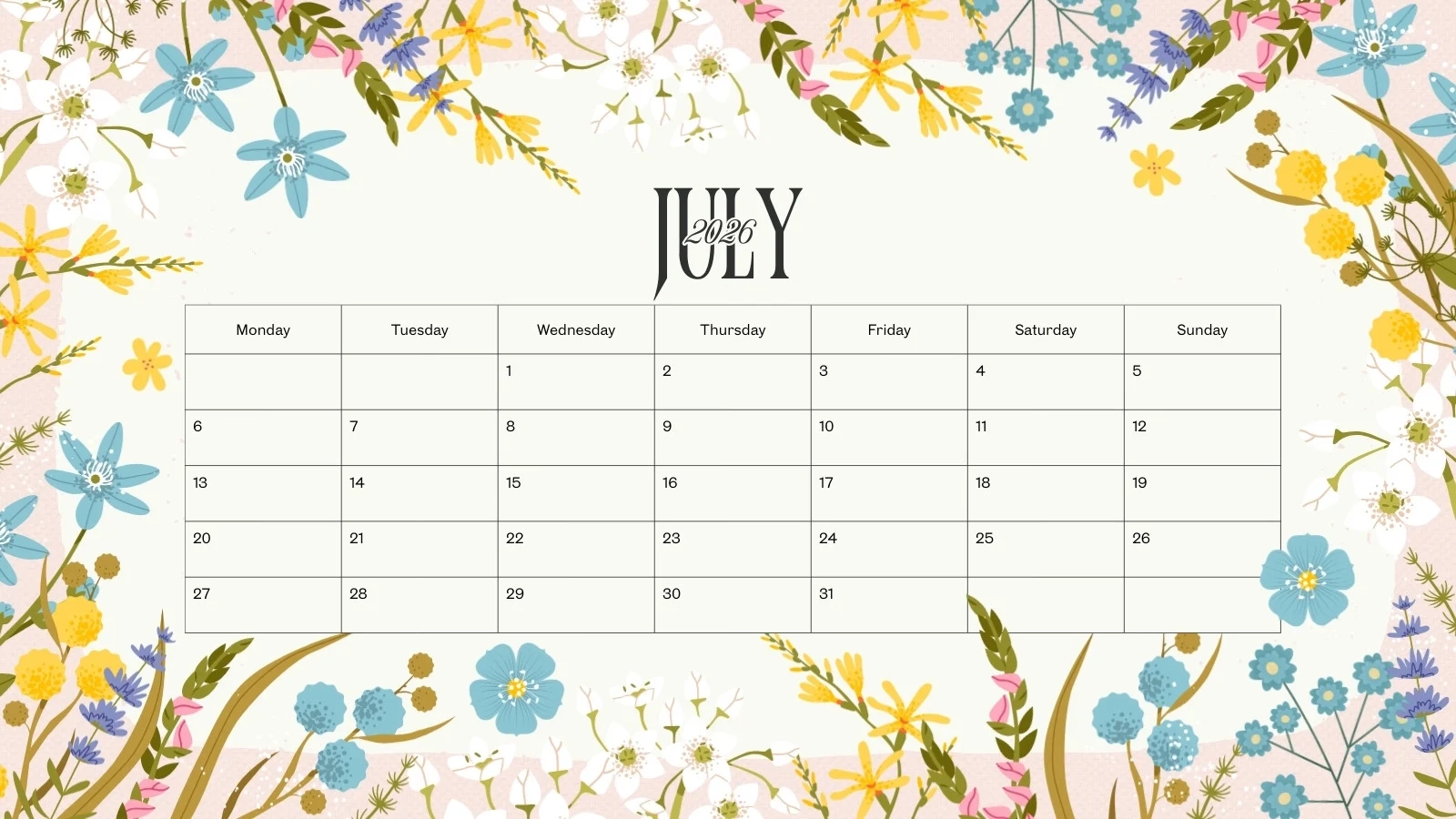 Free Printable Custom July 2026 Calendar Templates Canva