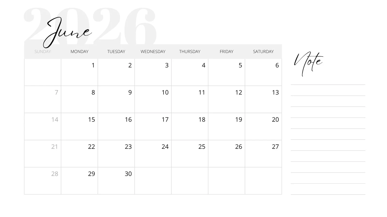 Blank Calendar 2026 June Printable