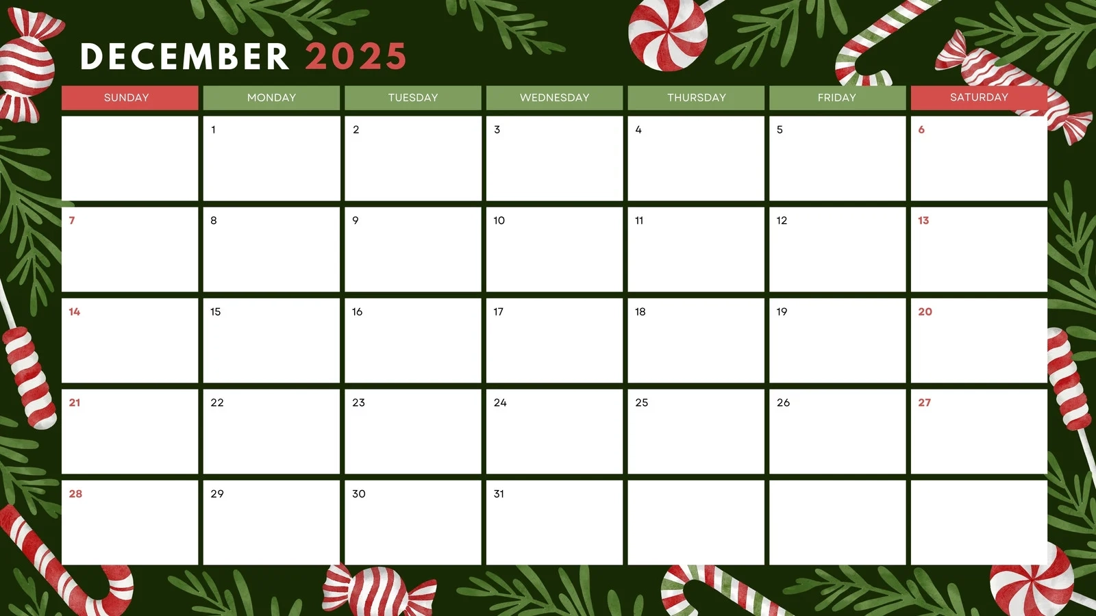 December Calendar Printable