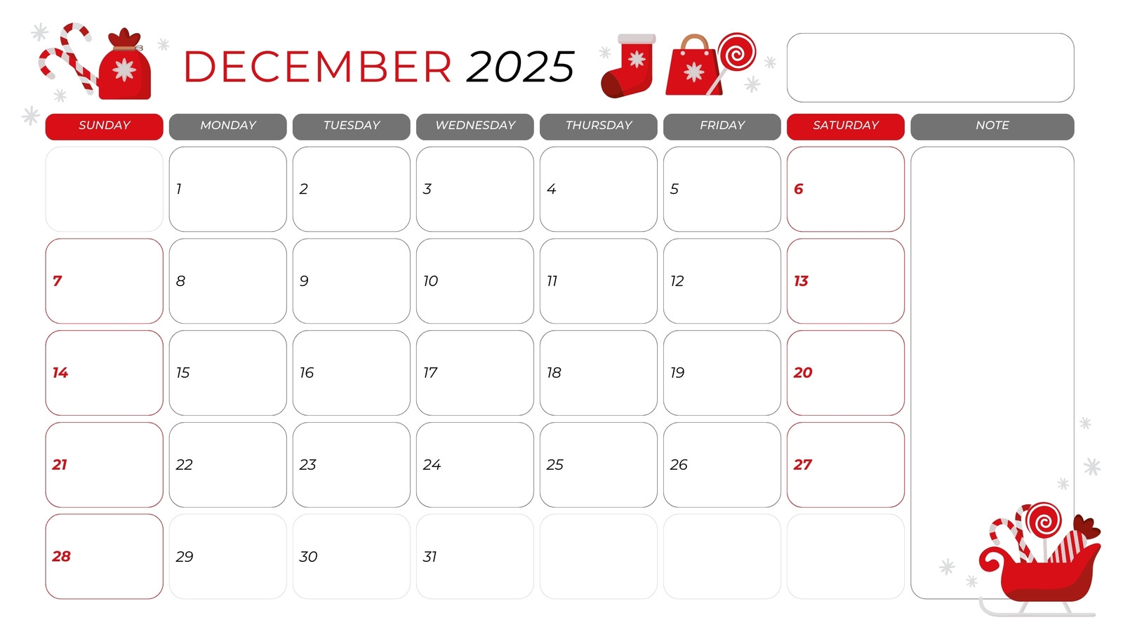 Bold December Printable Calendar