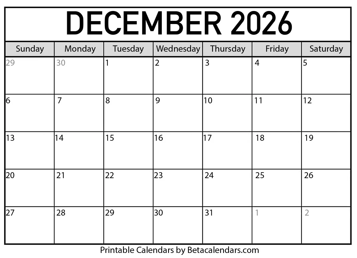 December 2026 Printable Blank Calendars Free
