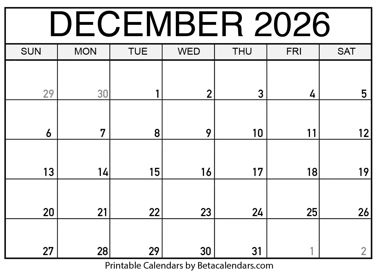 Free Printable December 2026 Calendar