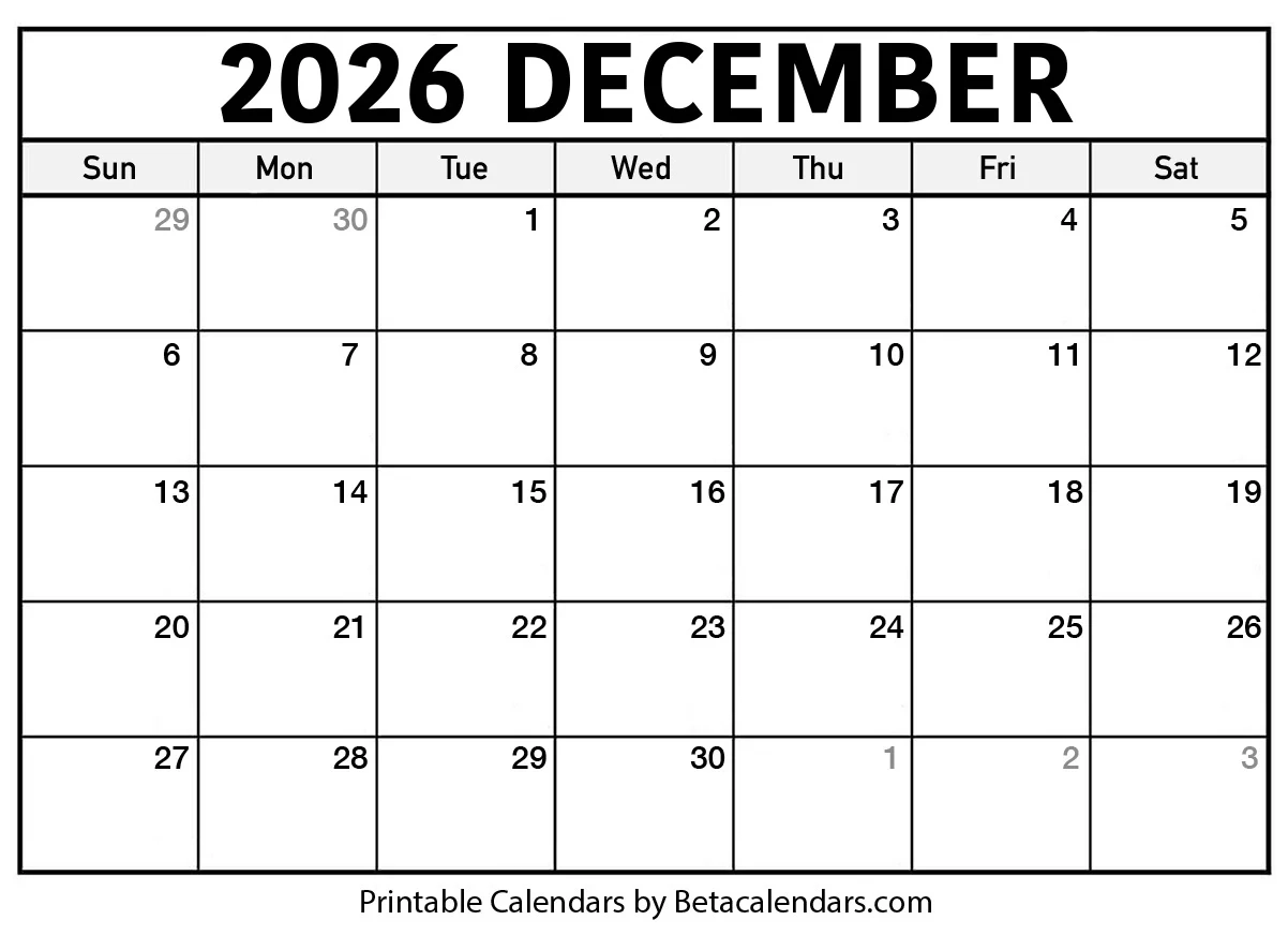 Free Printable December 2026 Calendar