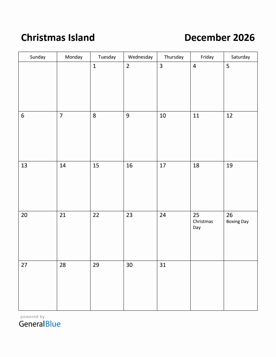 Free Printable December 2026 Calendar For Christmas Island
