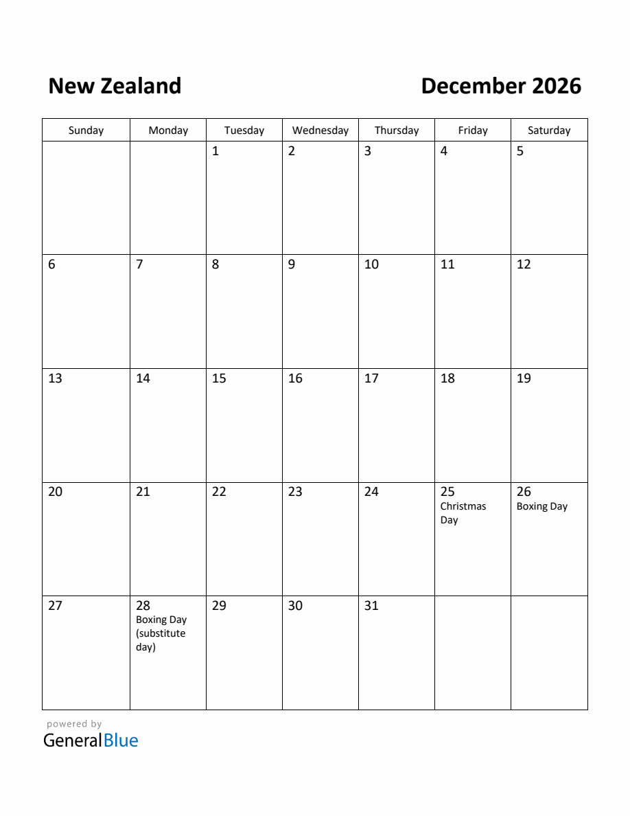 Free Printable December 2026 Calendar For New Zealand