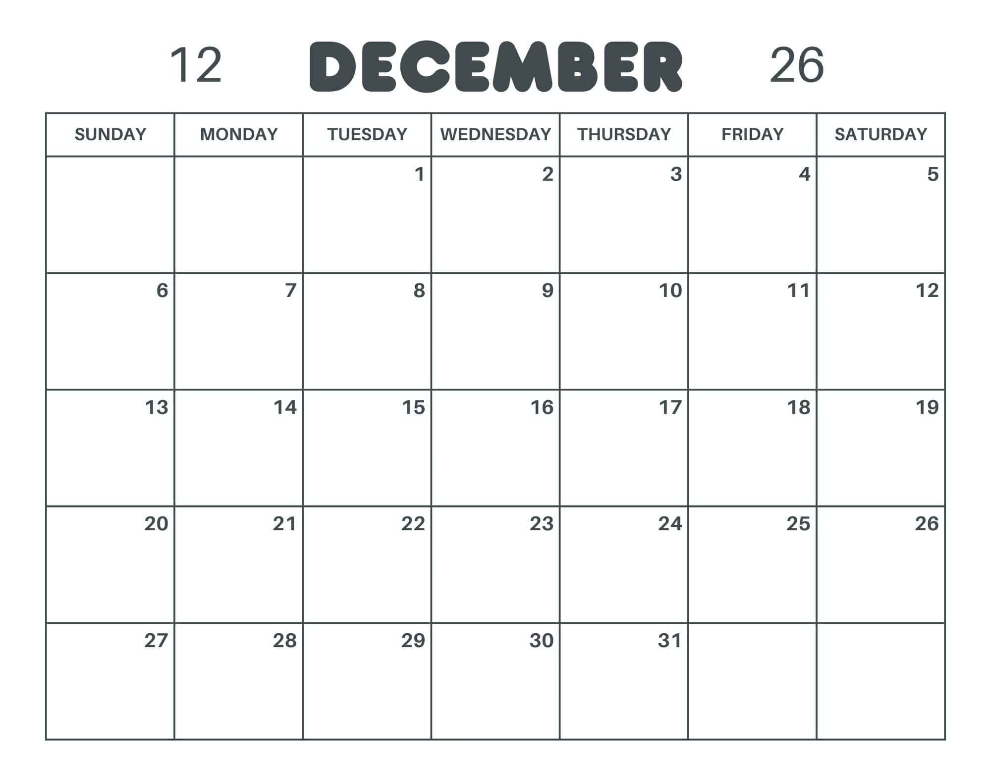 Free Printable December 2026 Calendar PDF
