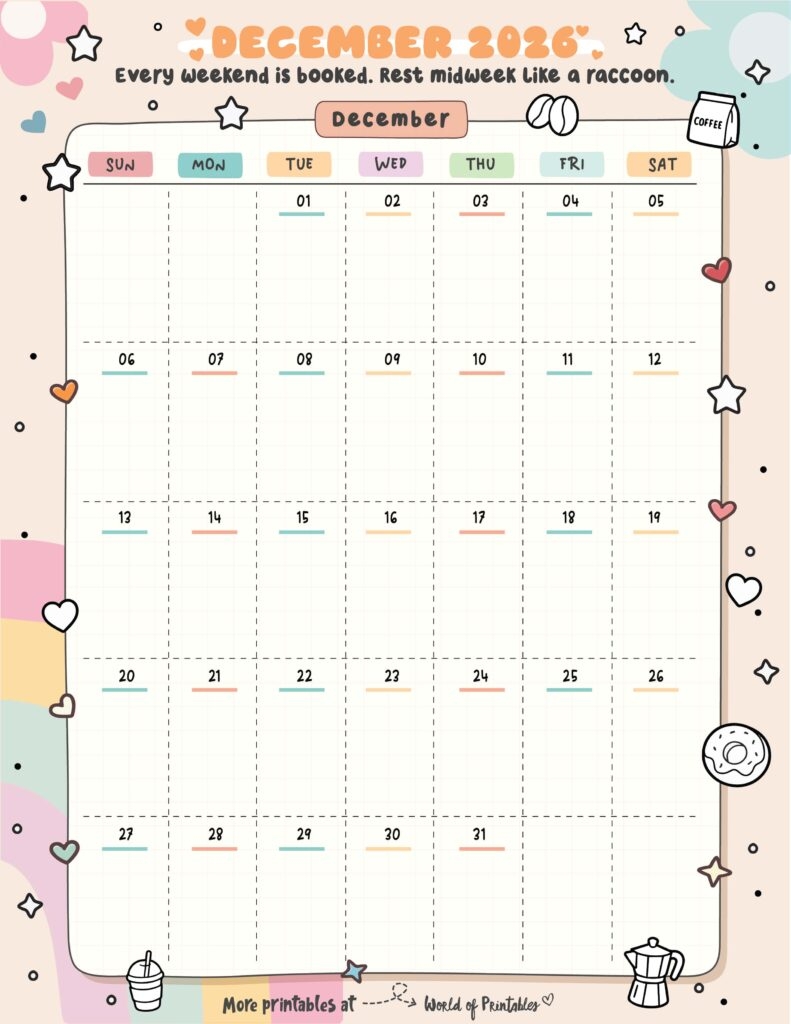 Free Printable December 2026 Calendars 200 Designs World Of 