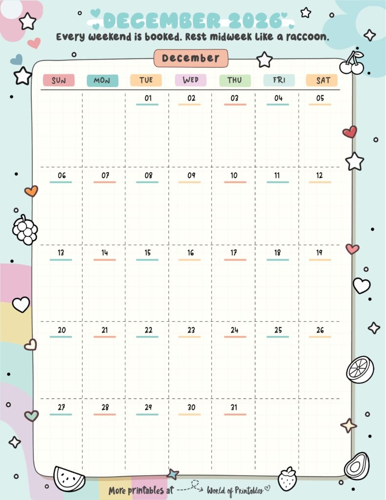 Free Printable December 2026 Calendars 200 Designs World Of 