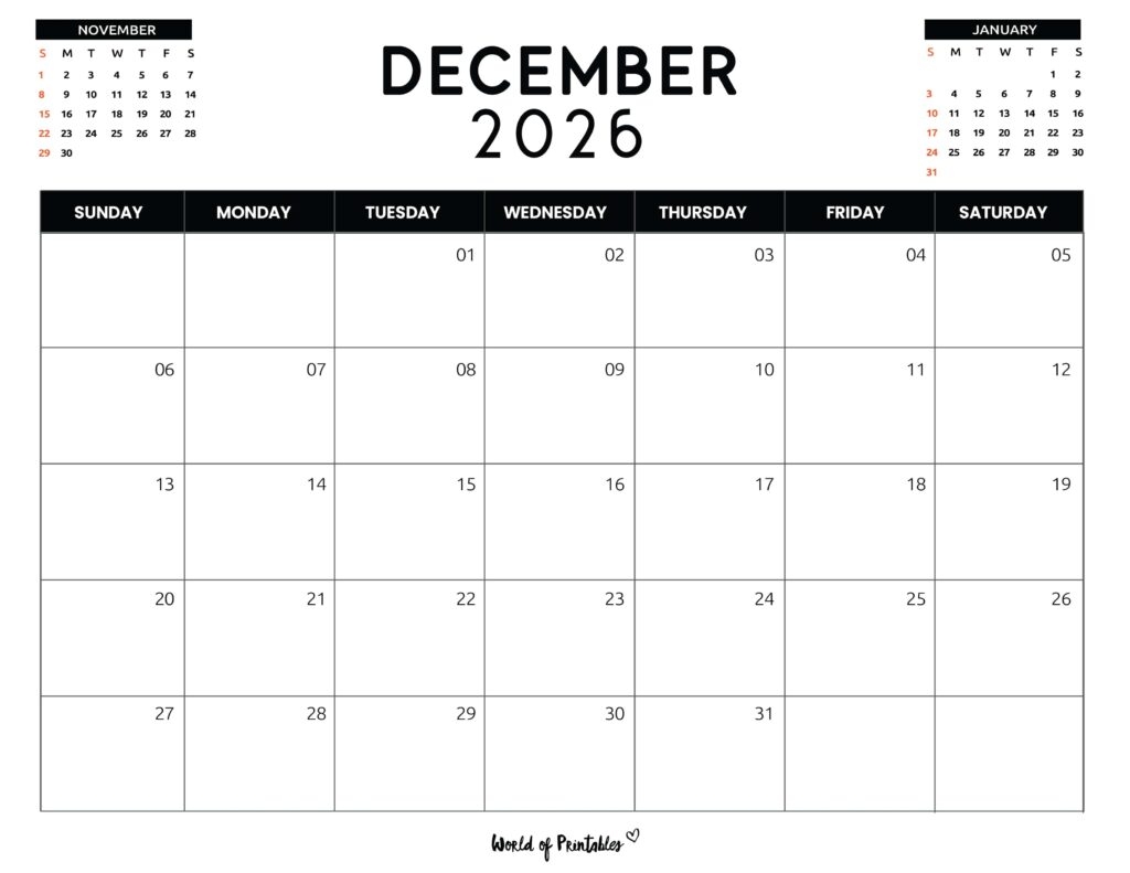 Free Printable December 2026 Calendars 200 Designs World Of 
