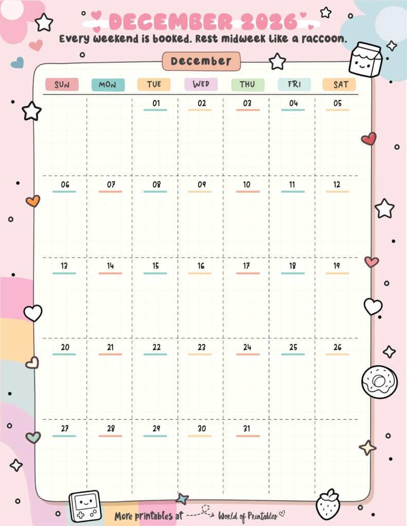 Printable December 2026 Calendar World Format