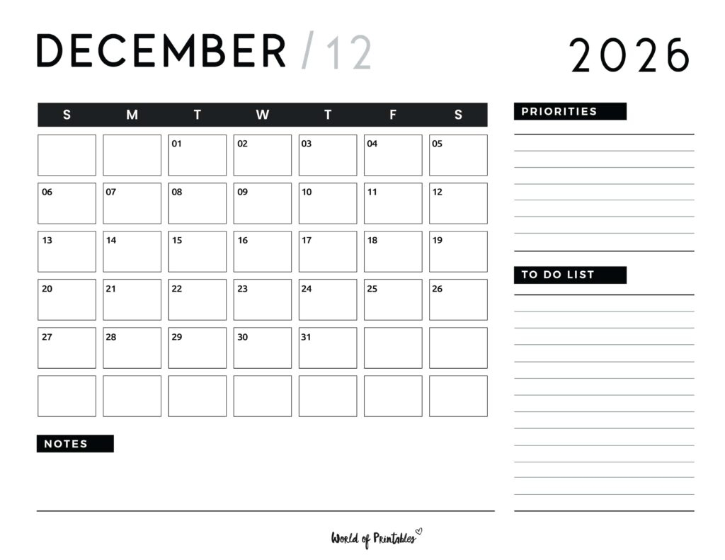 Free Printable December 2026 Calendars 200 Designs World Of 