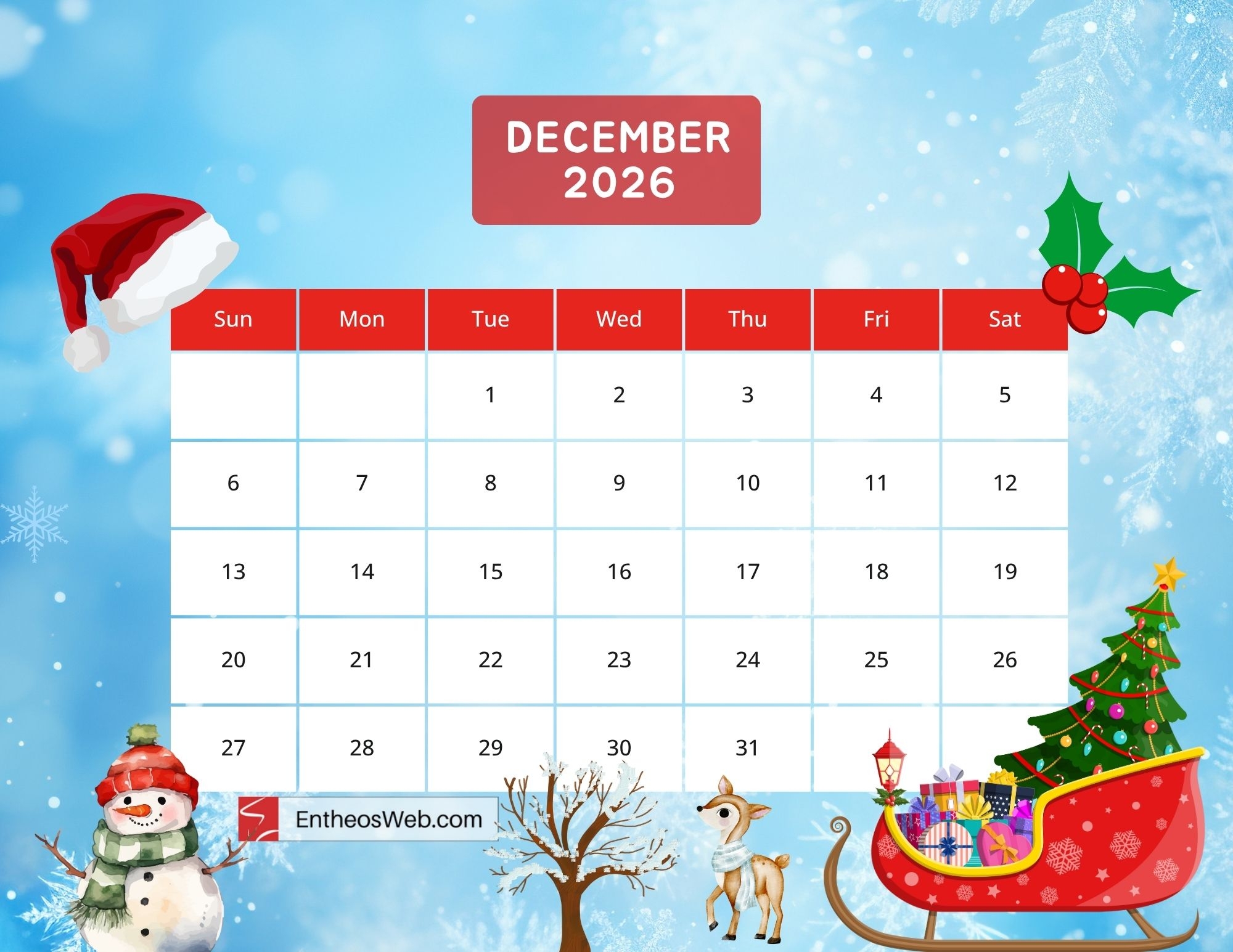 December 2026 Printable Calendar With Snowman