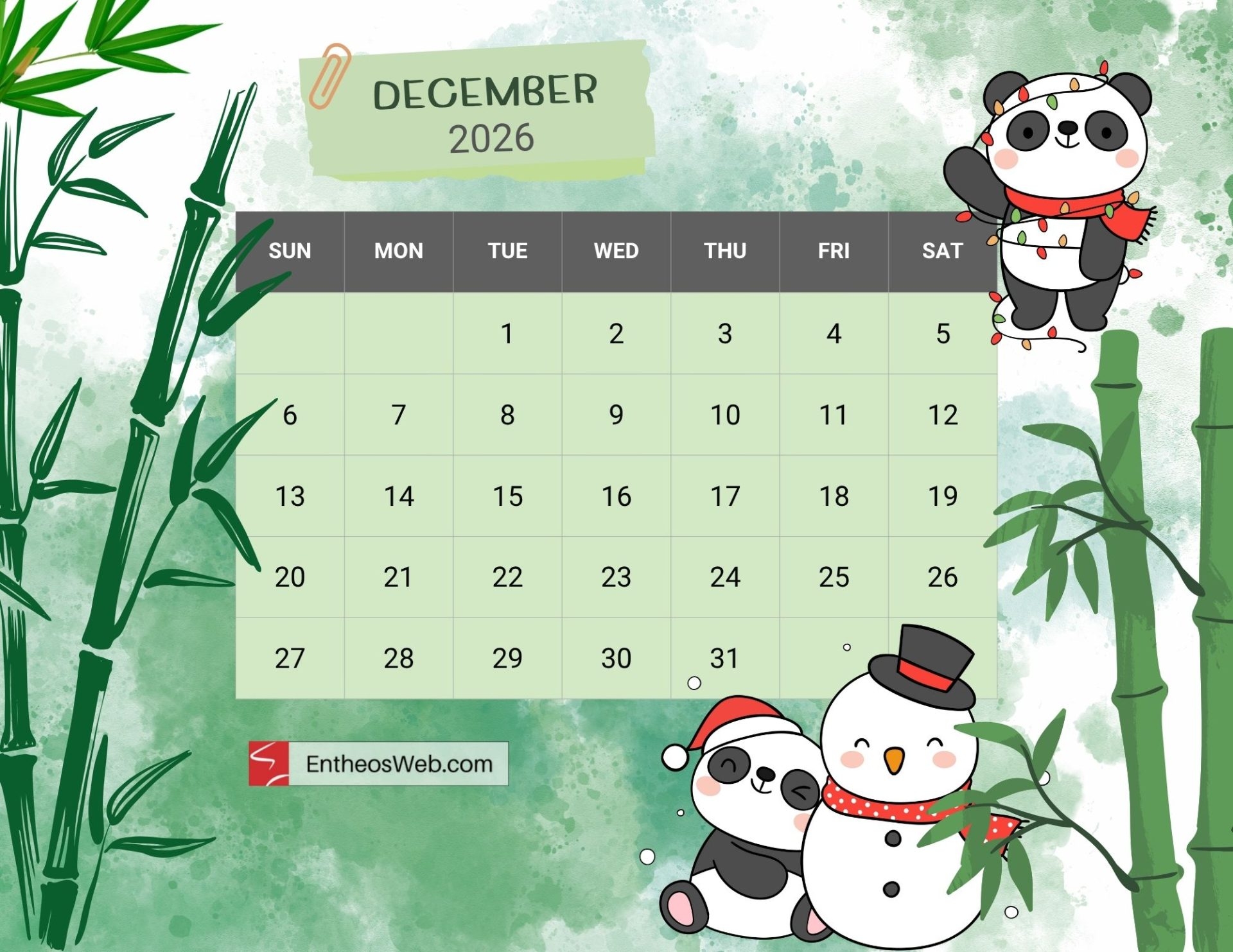Cartoon December 2026 Calendar Printable Cartoon December 2026 Calendar Printable