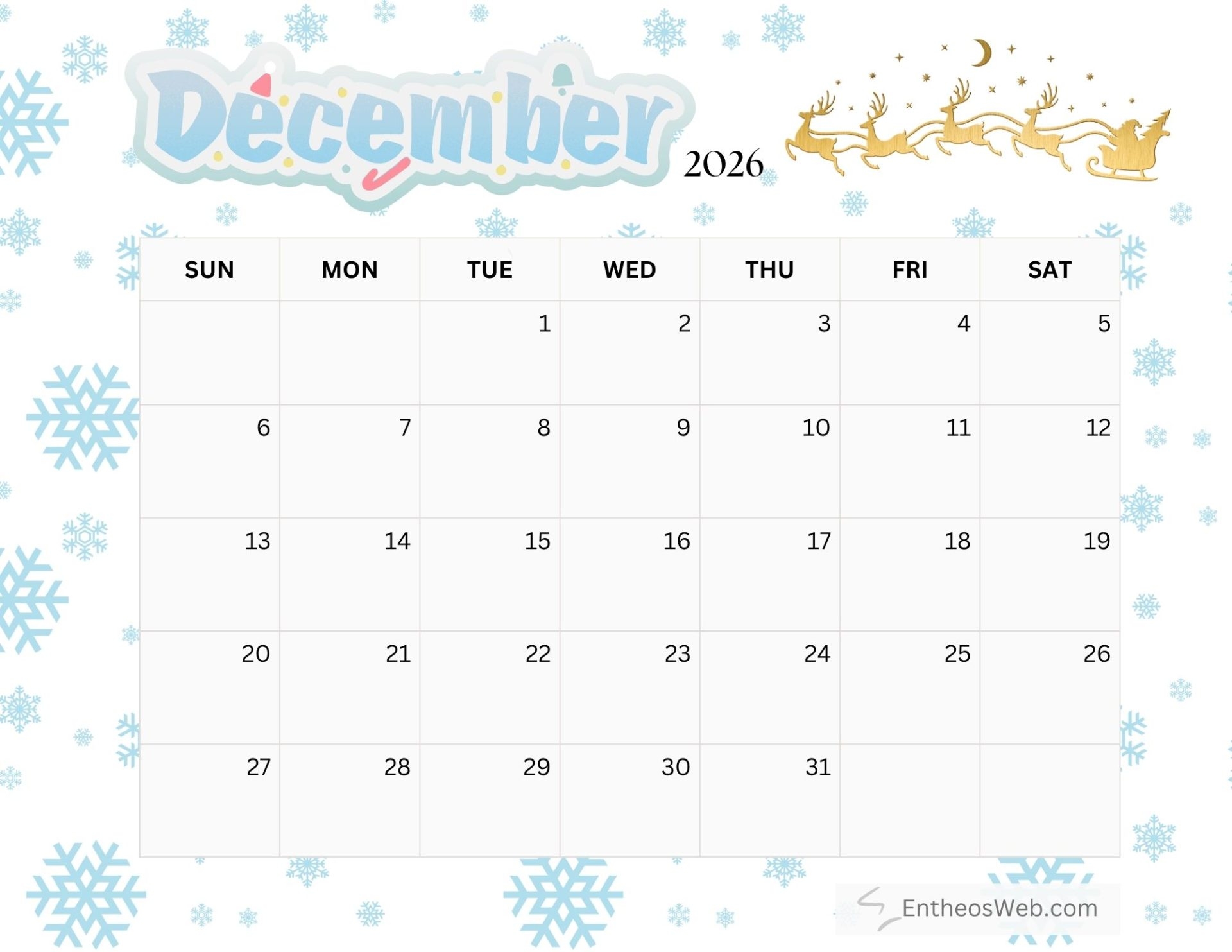 Free Printable December 2026 Calendars EntheosWeb