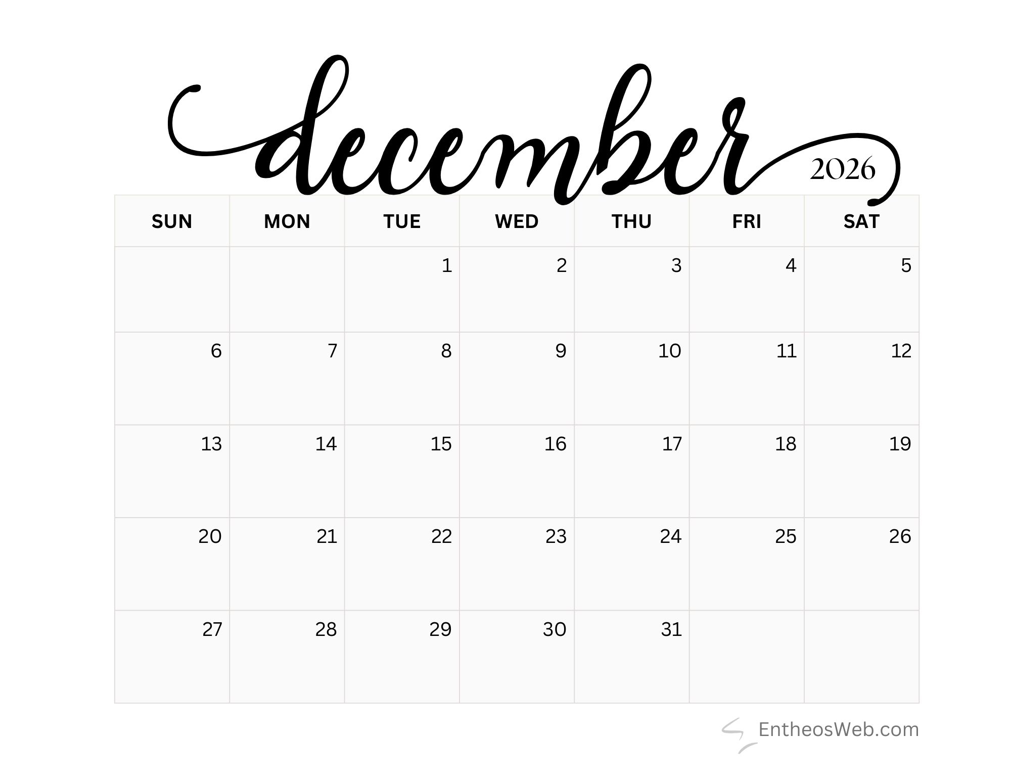 Free Printable December 2026 Calendars EntheosWeb