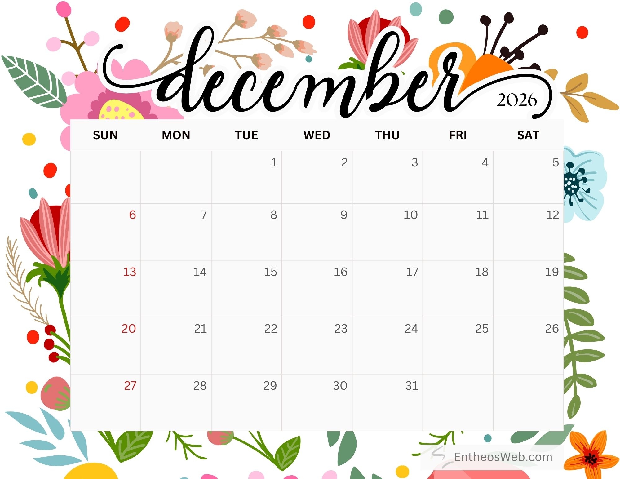 Free Printable December 2026 Calendars EntheosWeb