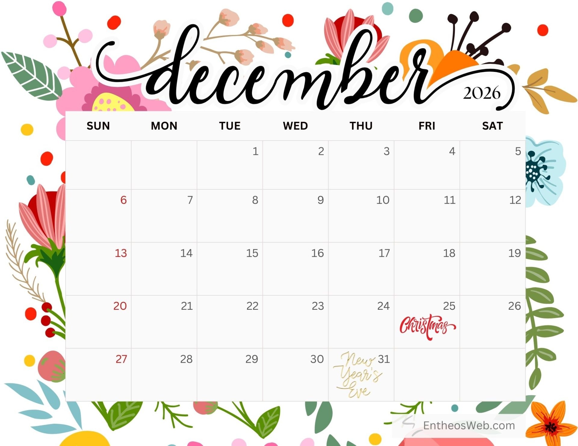 Free Printable December 2026 Calendar Cute