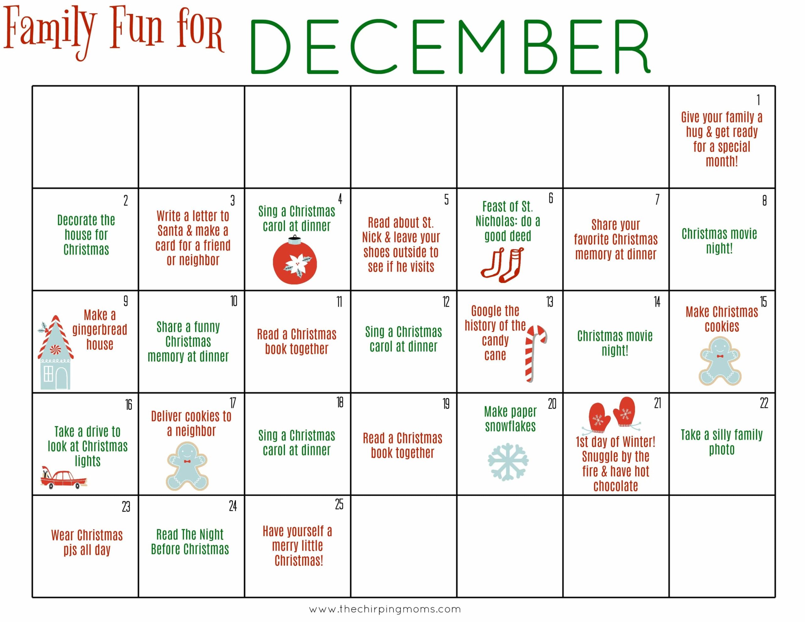 Christmas December Calendar Printable