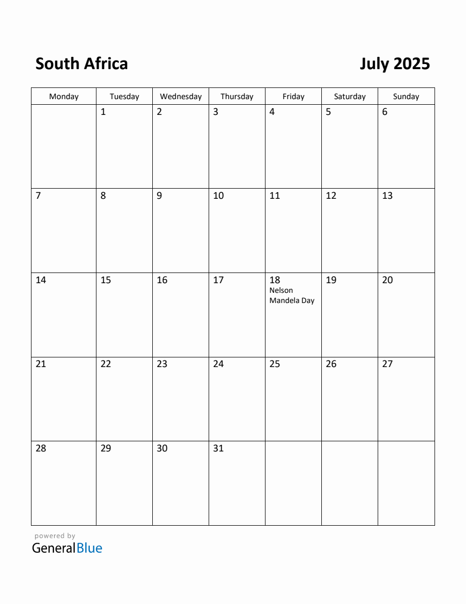 Free Printable July 2025 Calendar For South Africa Monday Start 
