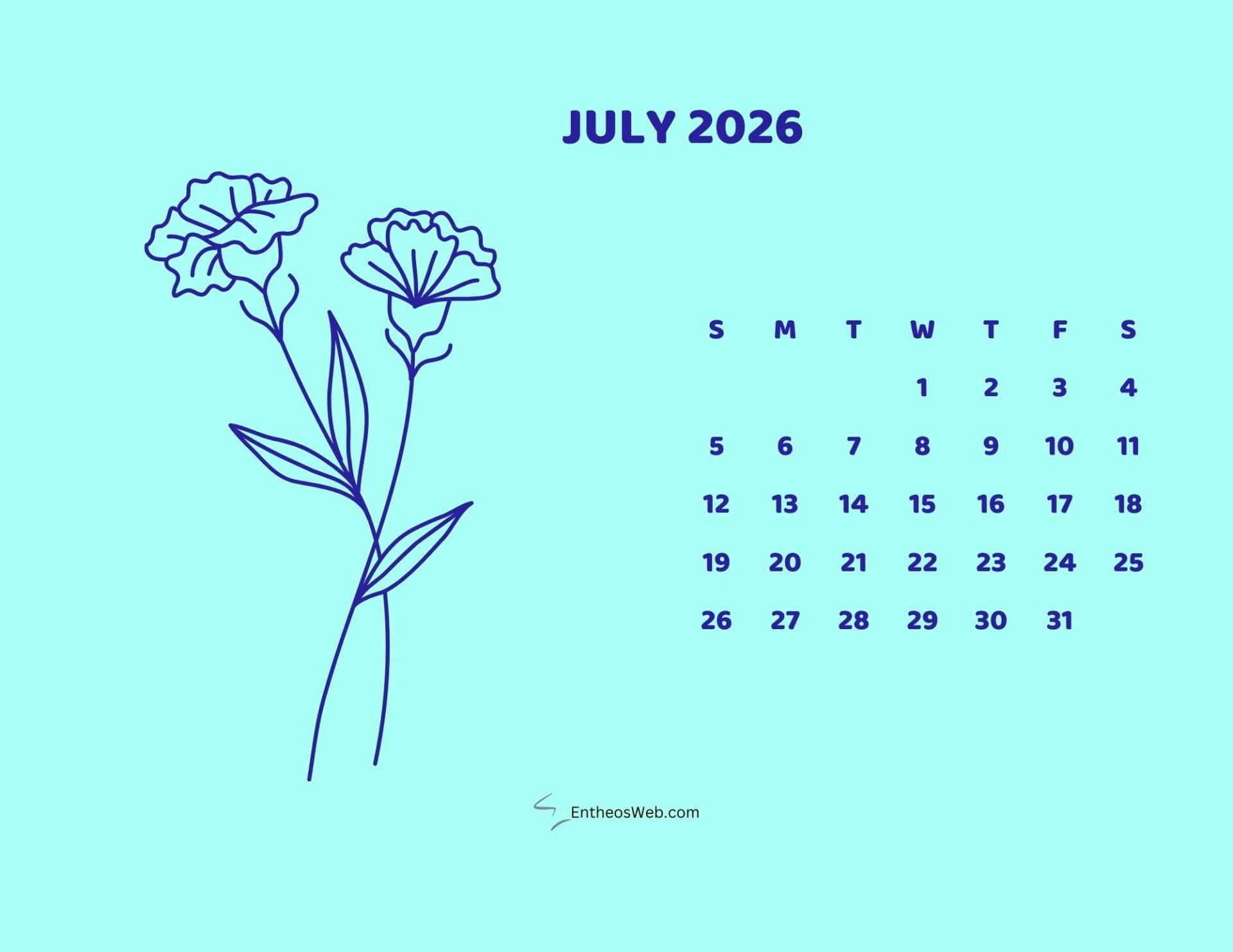 Free Printable July 2026 Calendars EntheosWeb