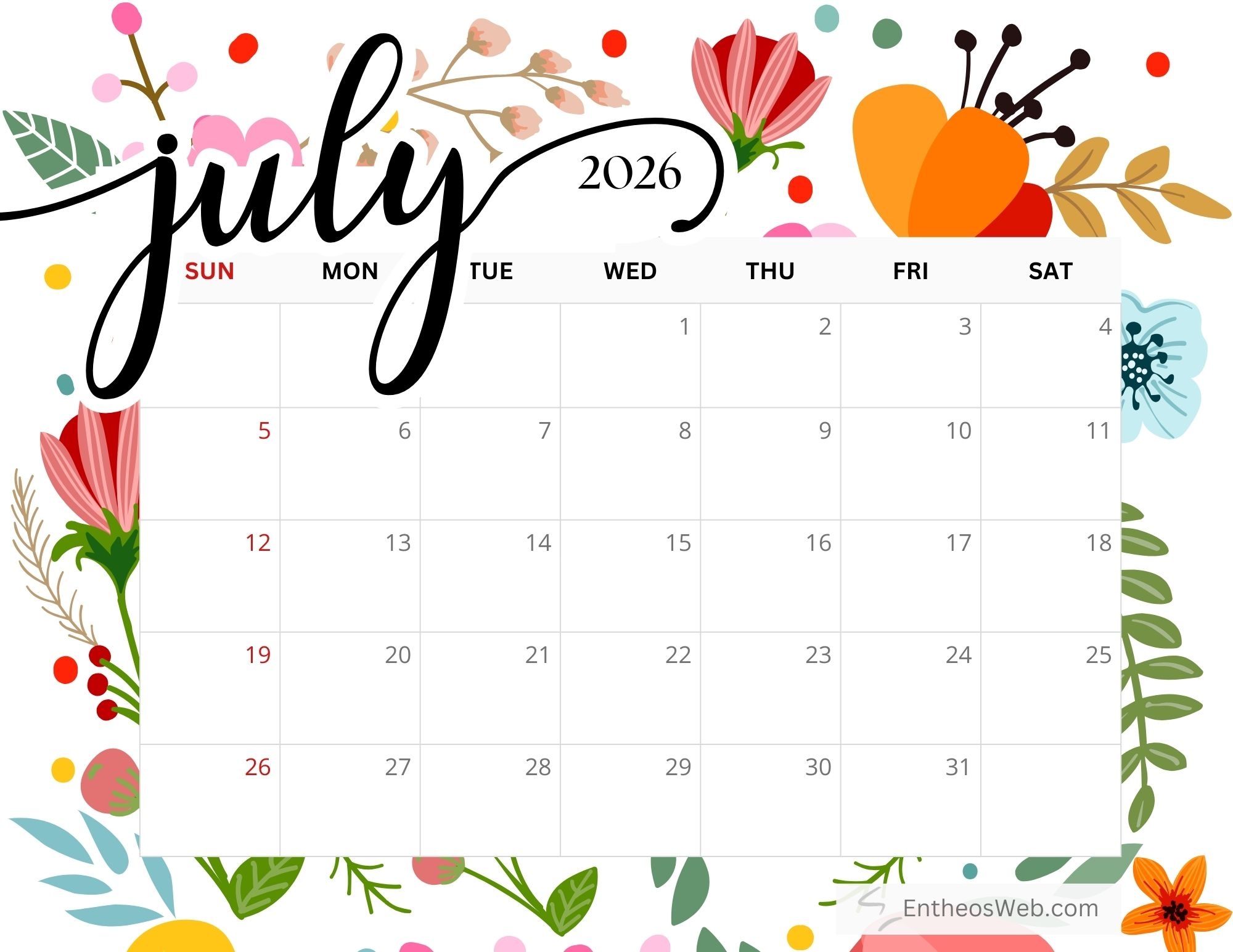 July Calendar 2026 Free Printable July Calendar 2026 Free Printable