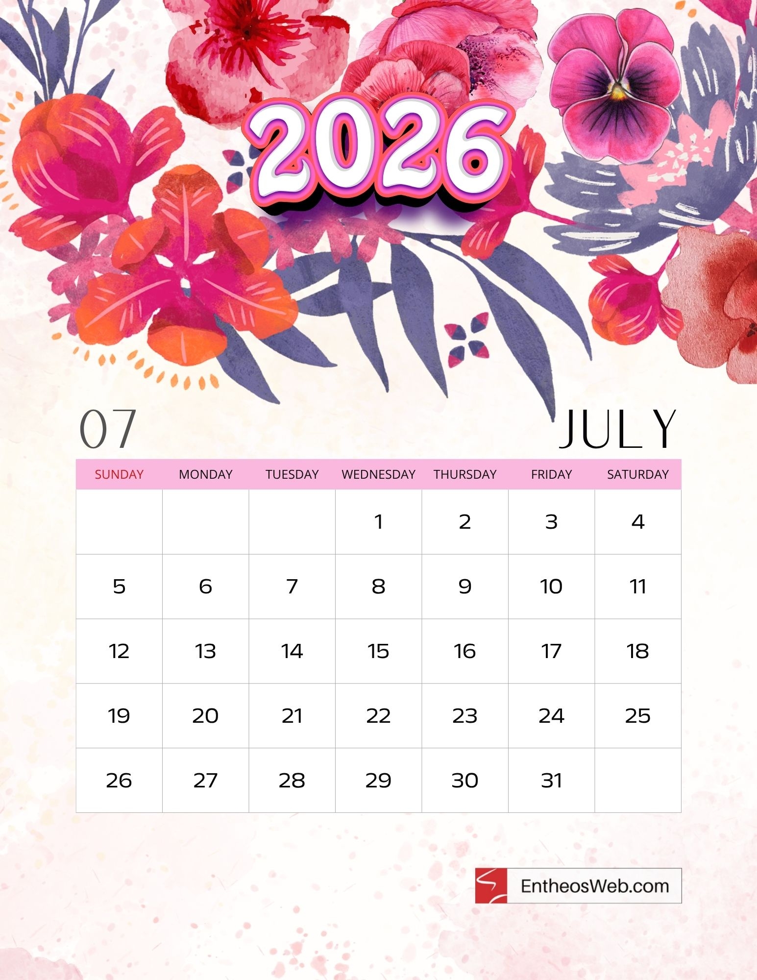 Free Printable July 2026 Calendars EntheosWeb