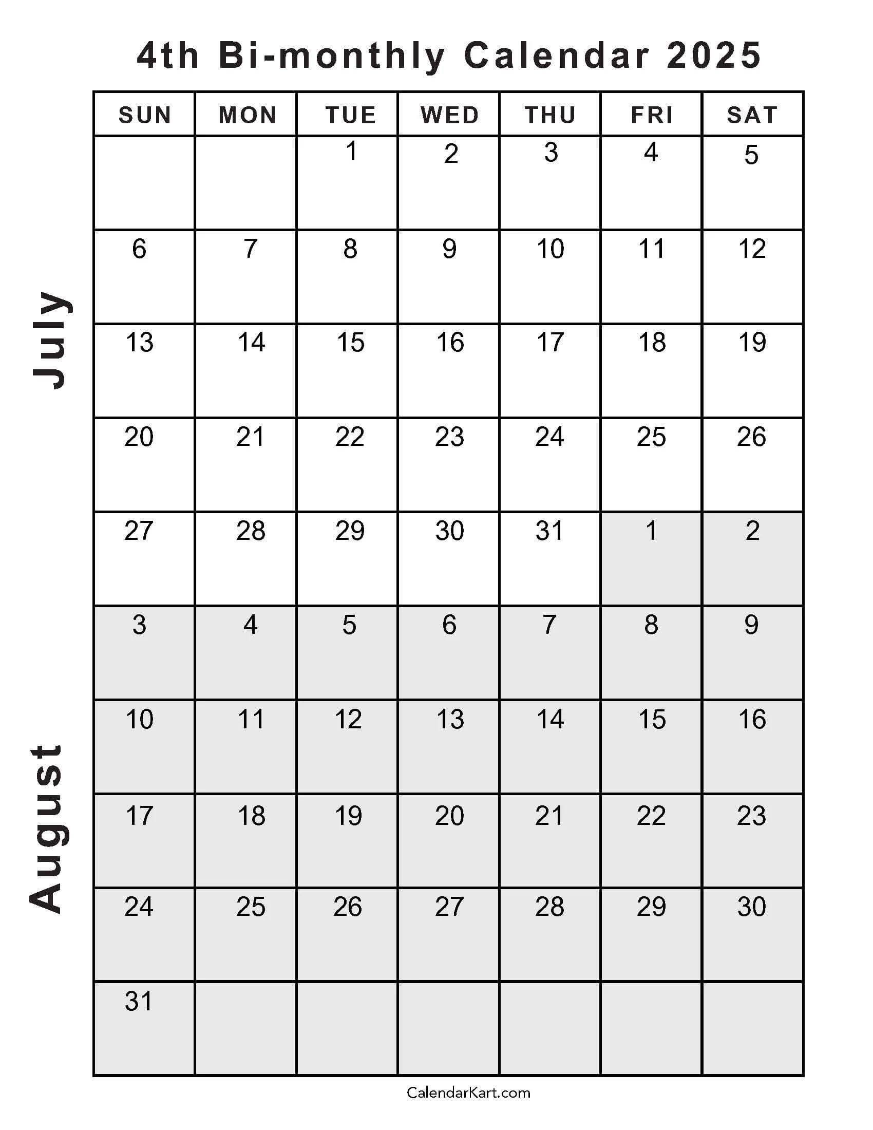 July - August 2025 Calendar
