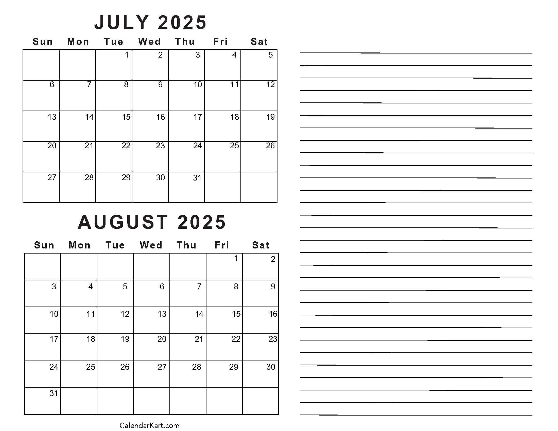 Free Printable July August 2025 Calendar Calendarkart