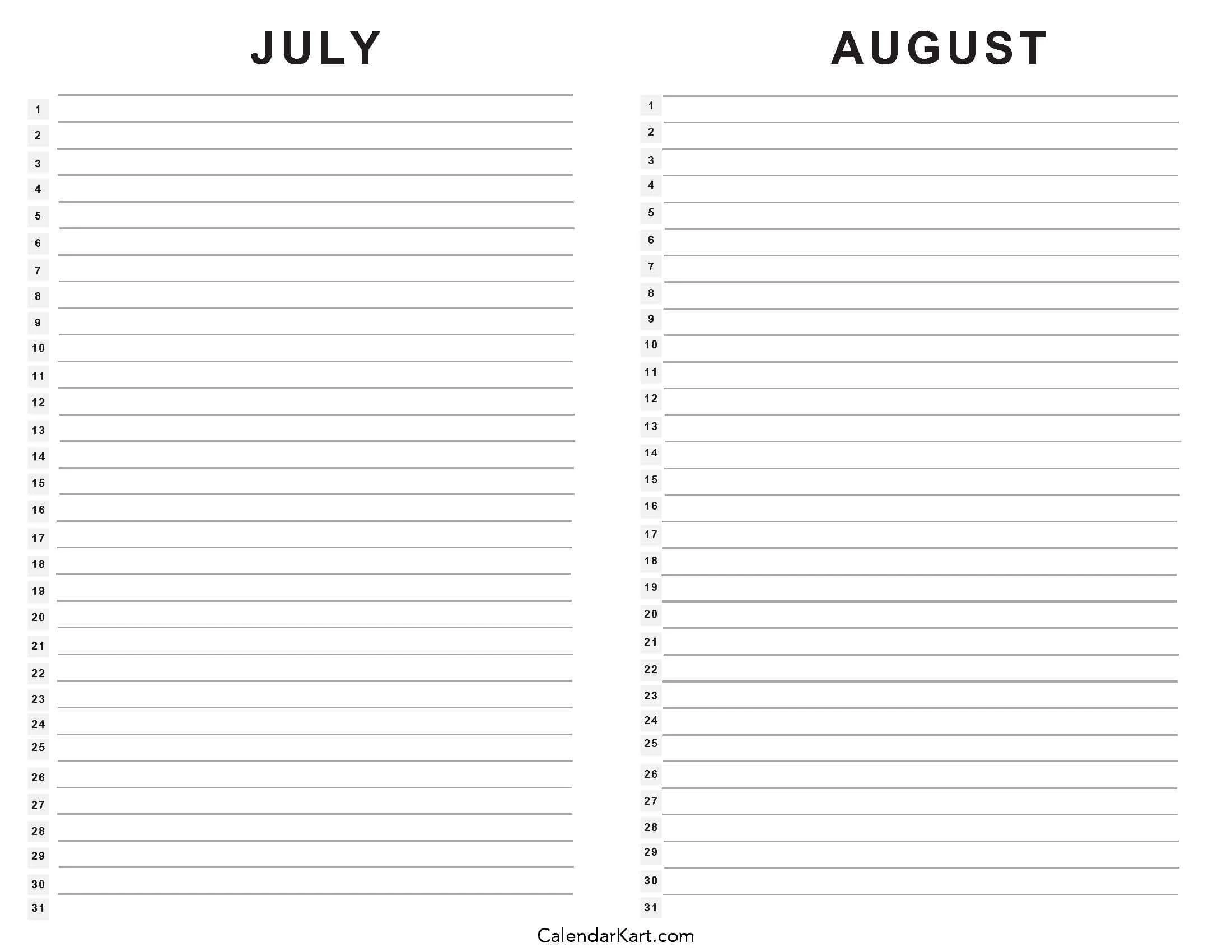 Free Printable July August 2025 Calendar Calendarkart