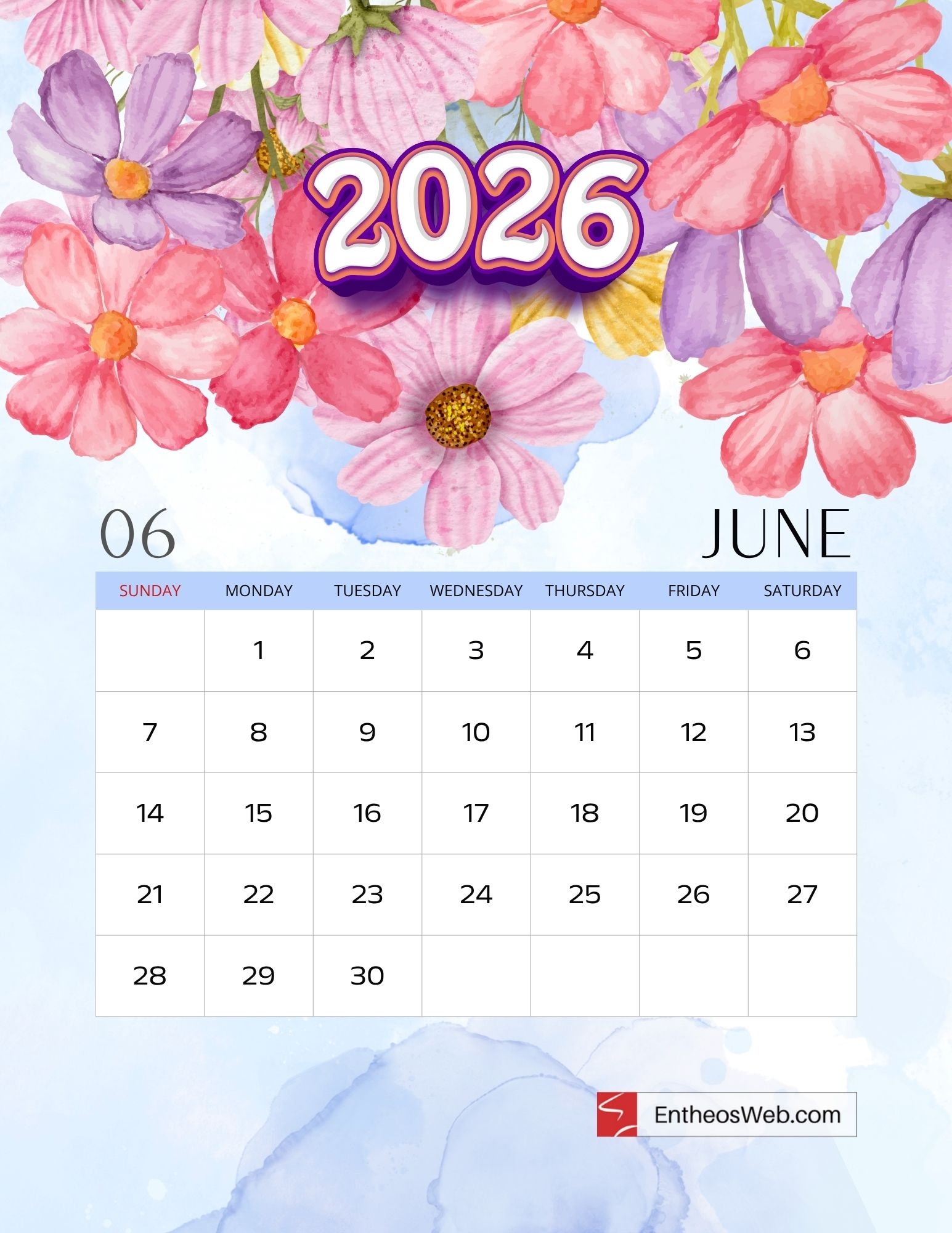 Free Printable June 2026 Calendar EntheosWeb