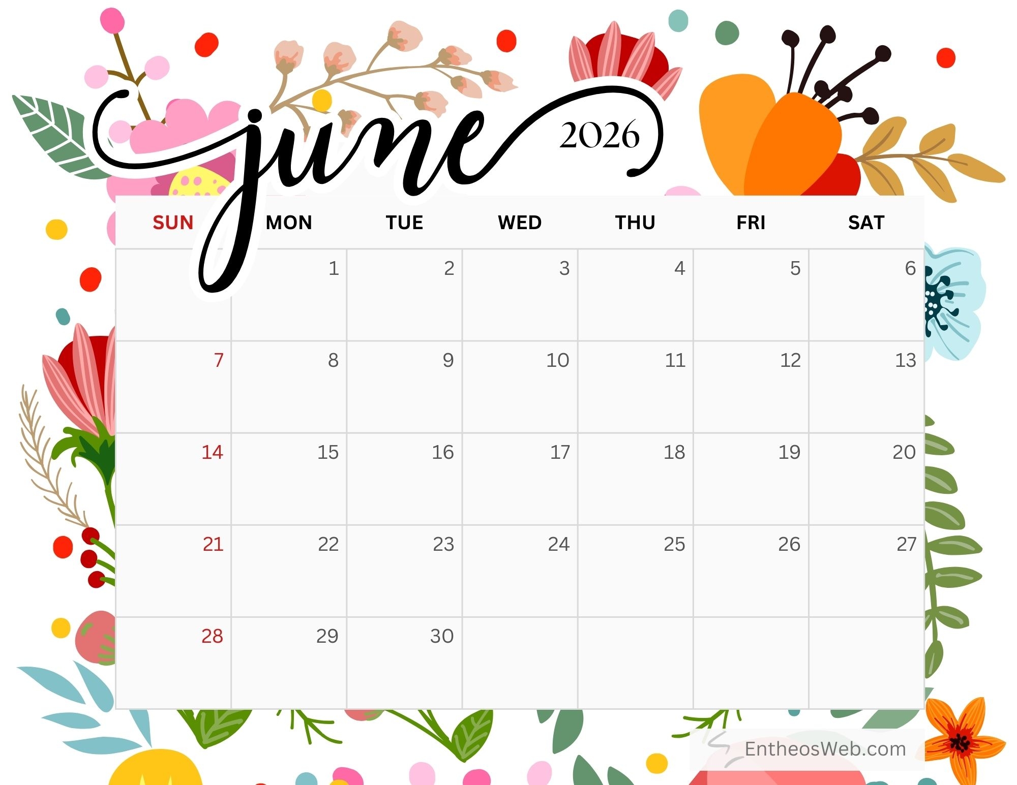 June 2026 Printable Calendar