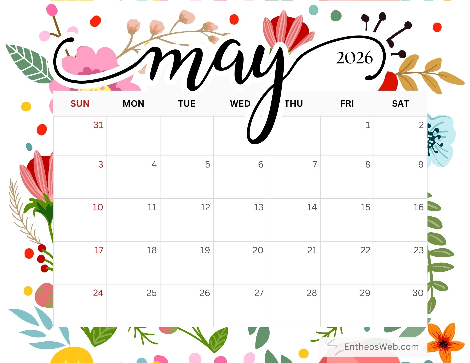 Blank May 2026 Calendar Printable