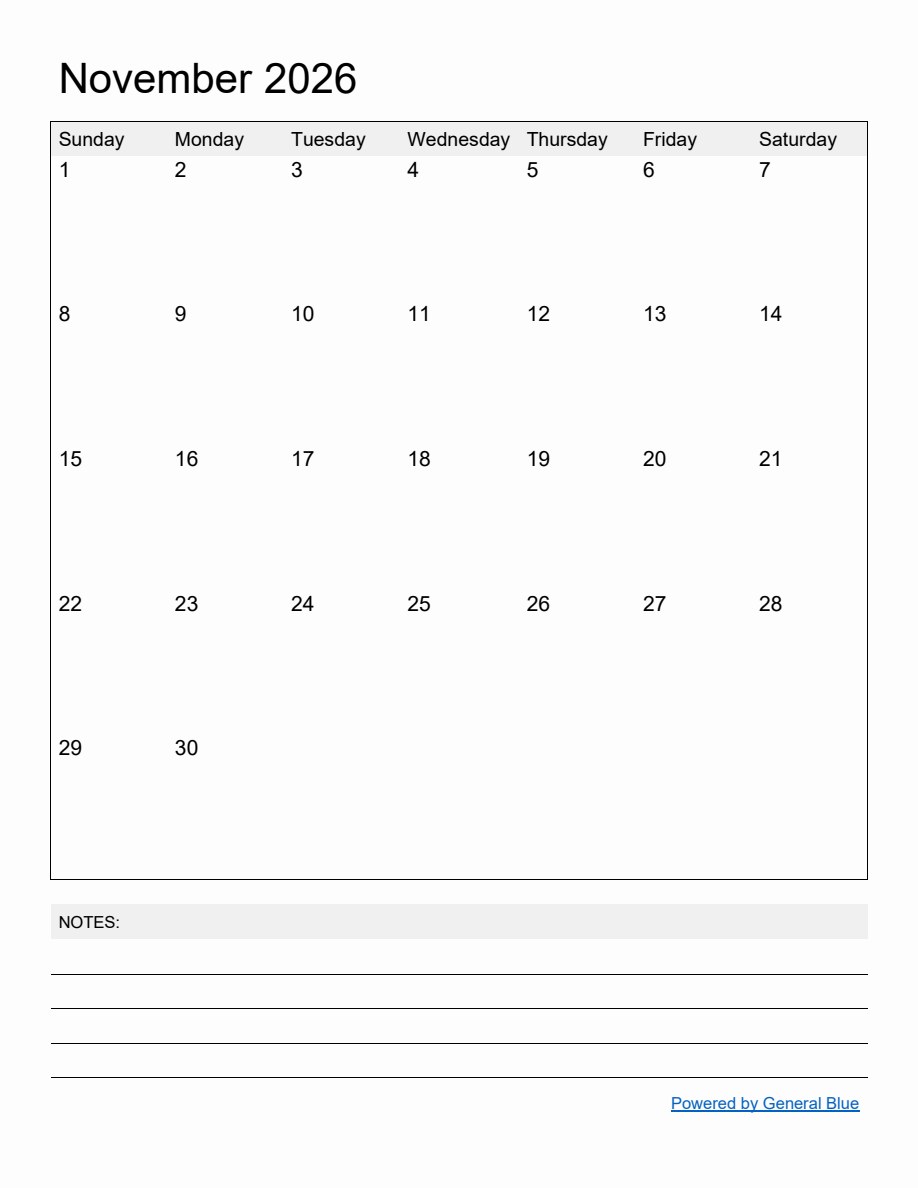 November Note Calendar 2026 Printable November Note Calendar 2026 Printable