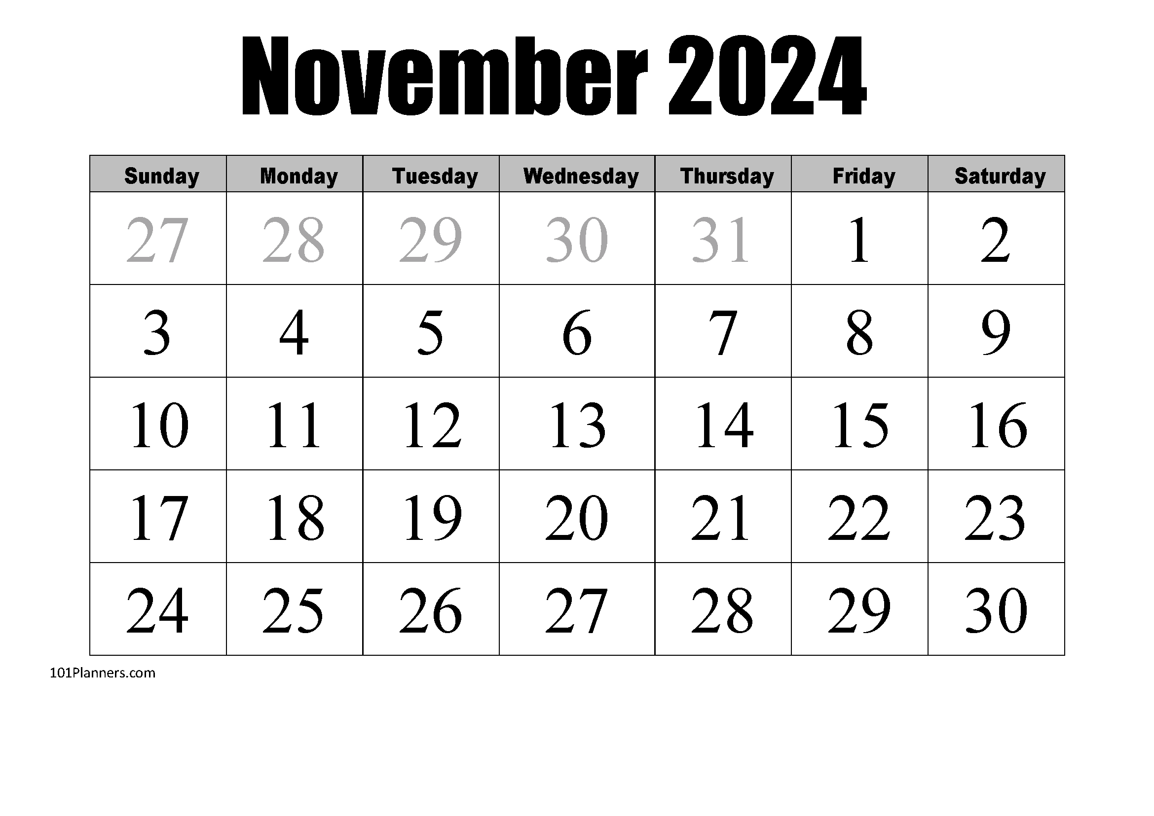 Free Printable November 2026 Calendar Customize Online