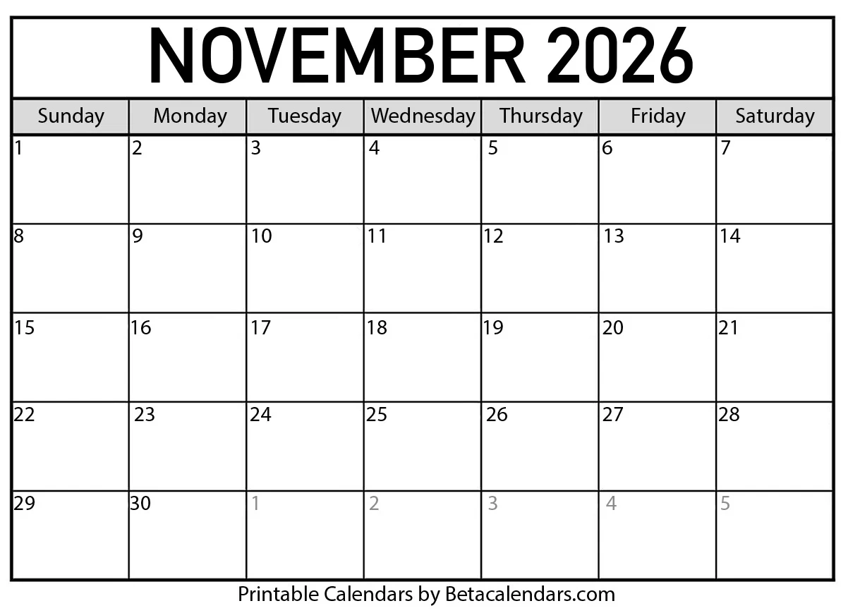 Free Printable November 2026 Calendar