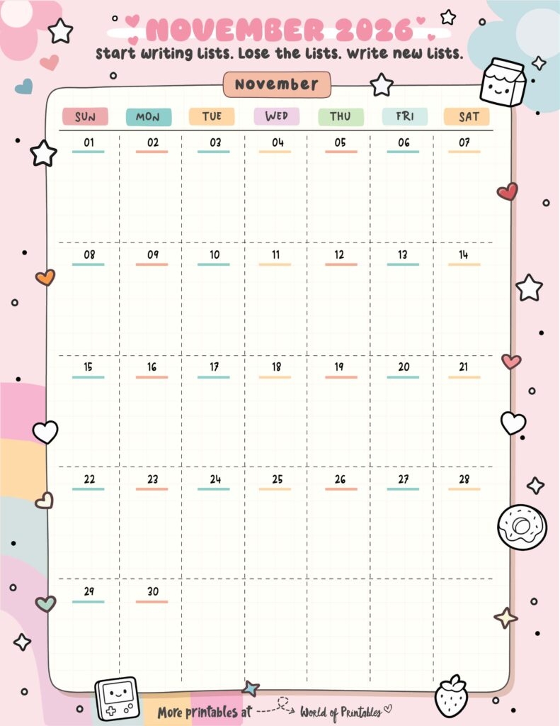 November 2026 Printable Calendar Color