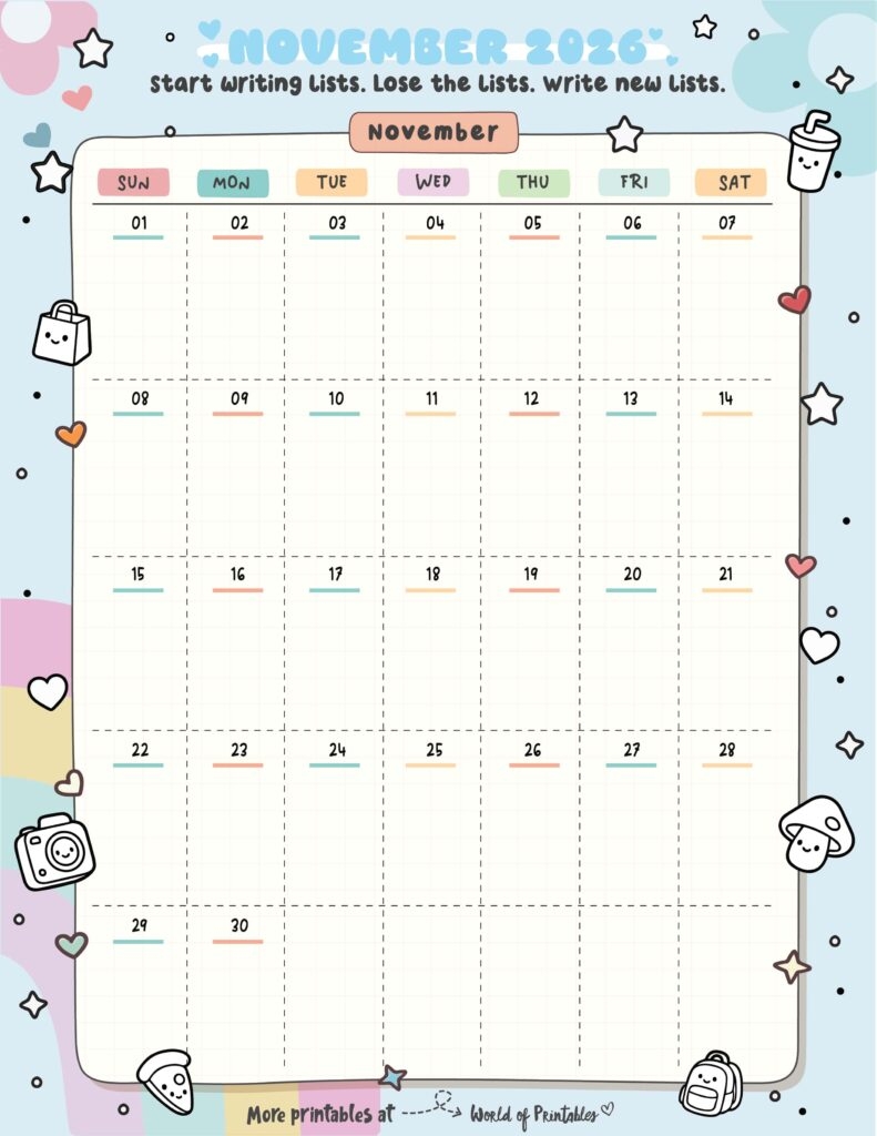 Free Printable November 2026 Calendars 200 Designs World Of 