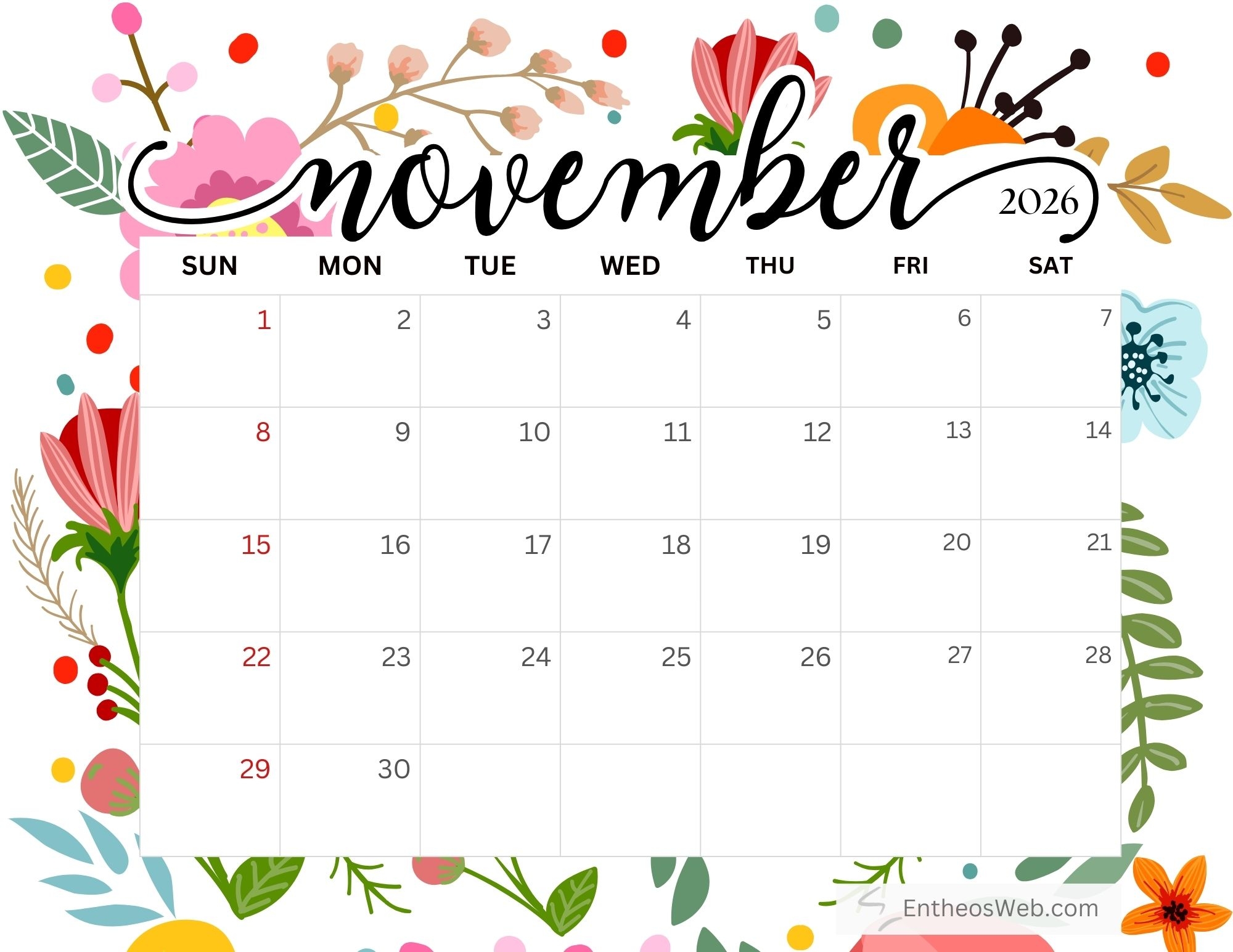 Free Printable November 2026 Calendars EntheosWeb
