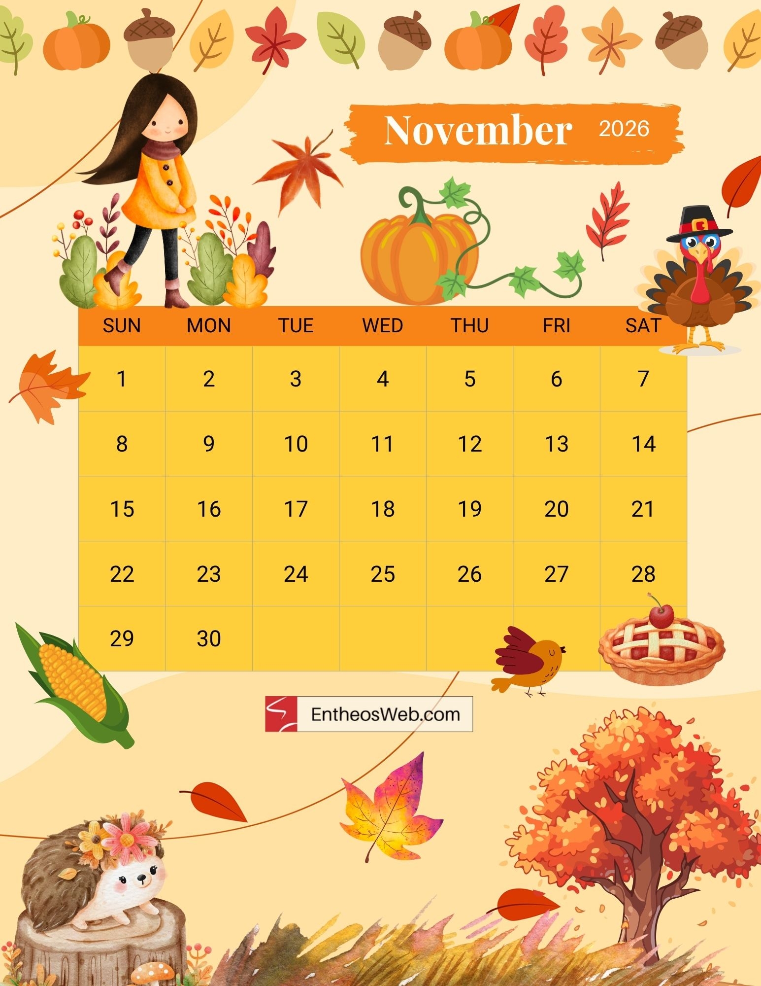 November 2026 Calendar Thanksgiving Printable