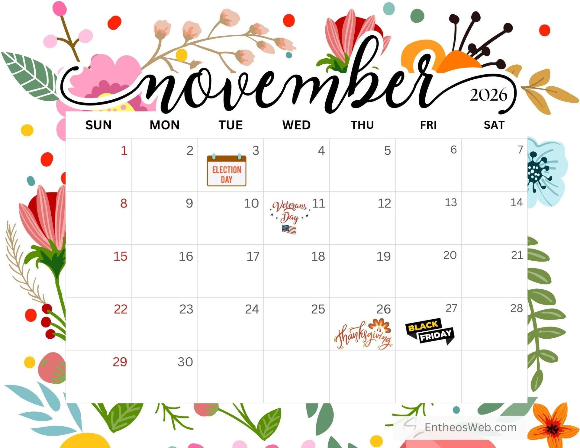 November 2026 Printable Calendar Cute November 2026 Printable Calendar Cute
