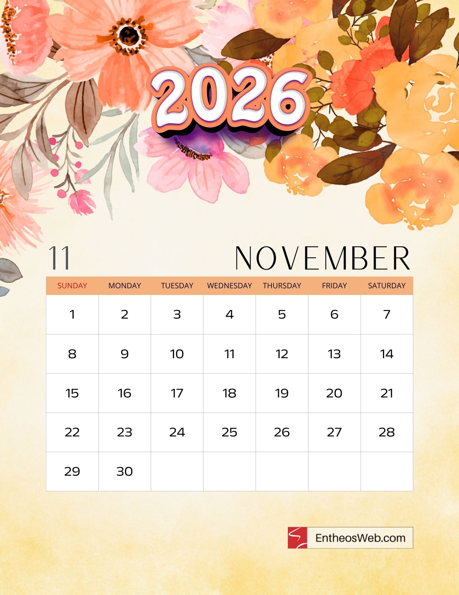 Free Printable November 2026 Calendars EntheosWeb
