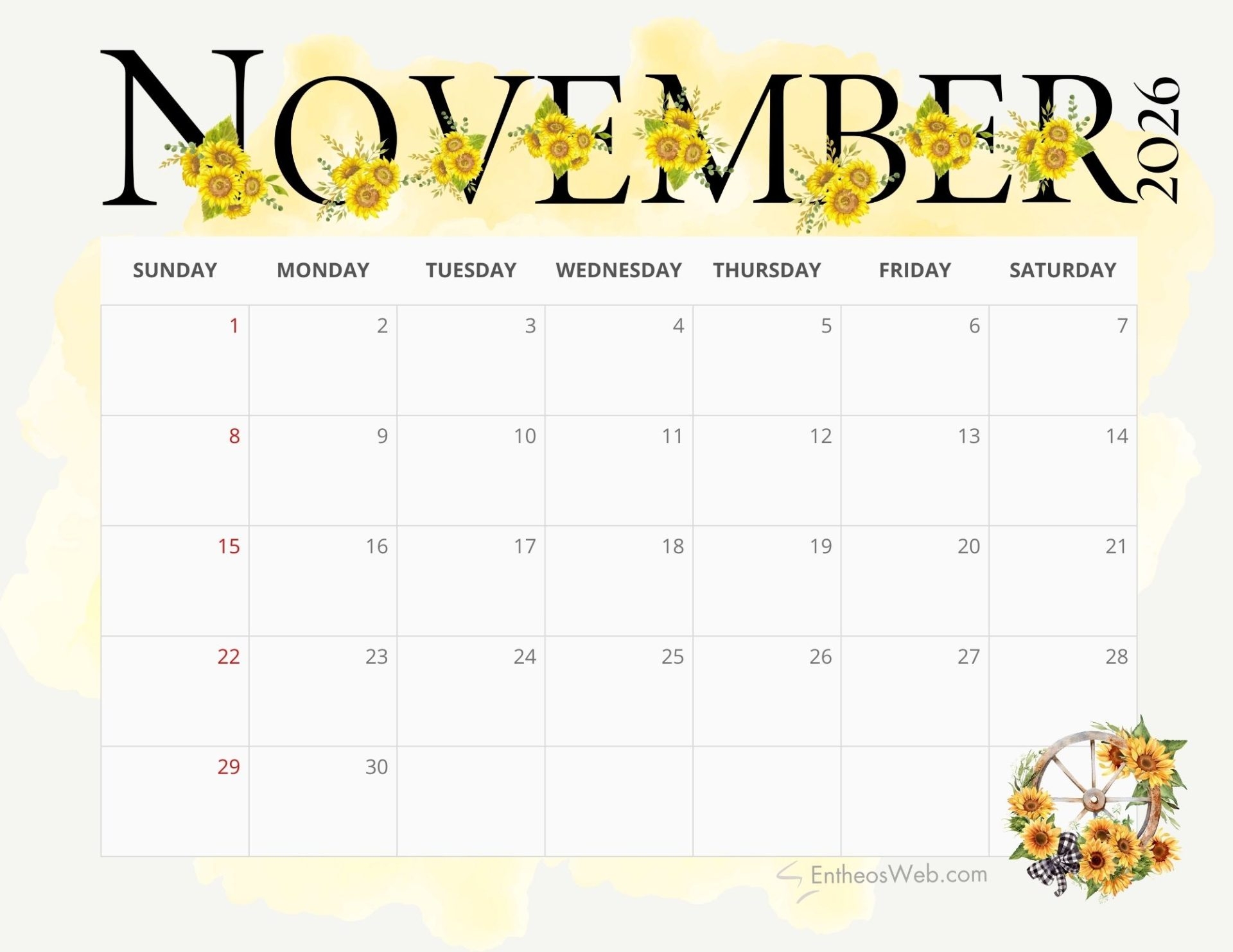 November 2026 Calendar Printable Cute November 2026 Calendar Printable Cute