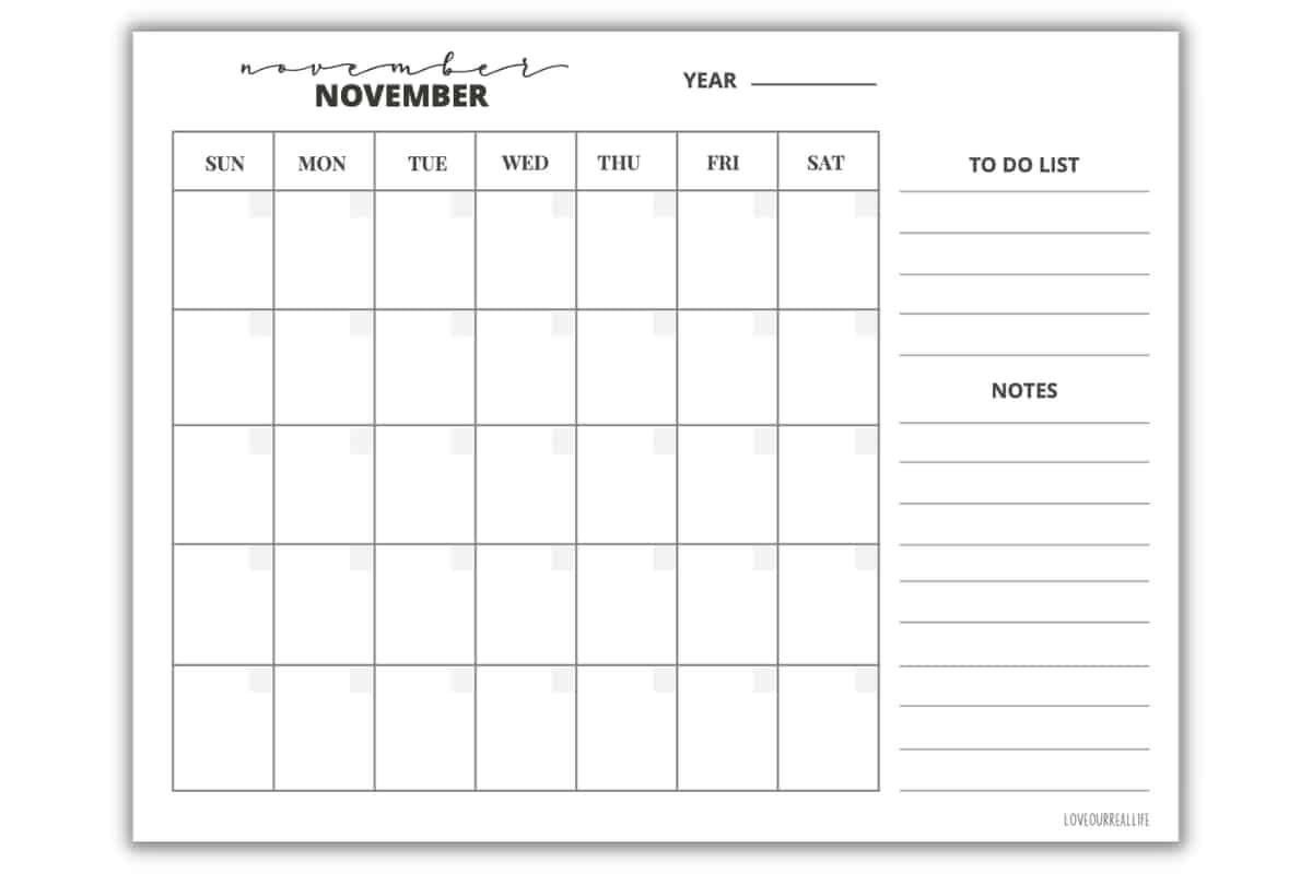 Printable November Calendar Notes