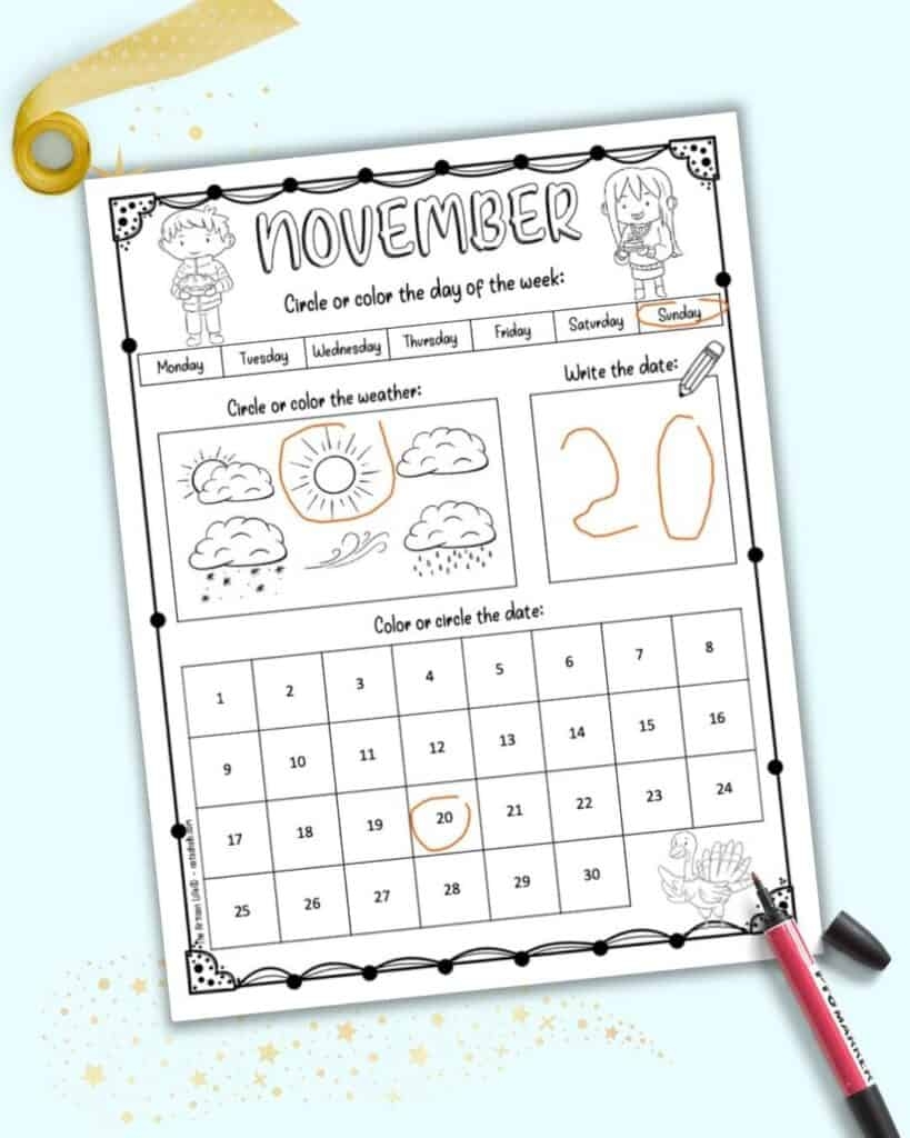 November Printable Calendar For Kids