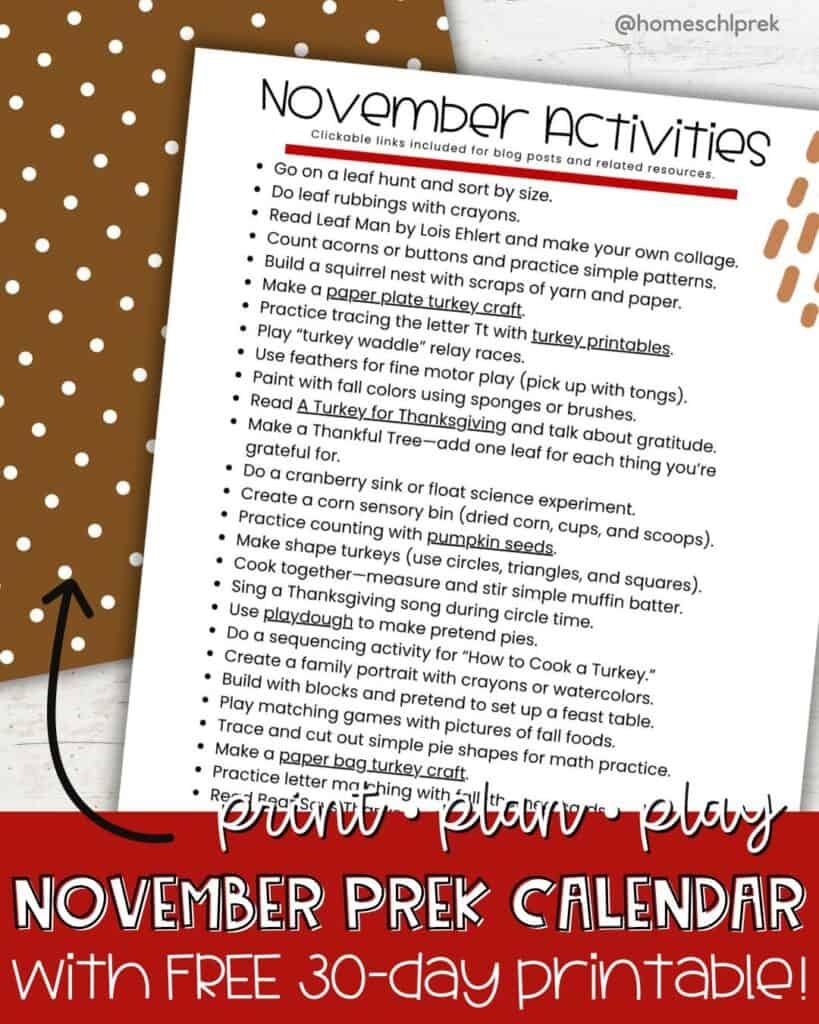 Free Printable Preschool Activity Calendar For November