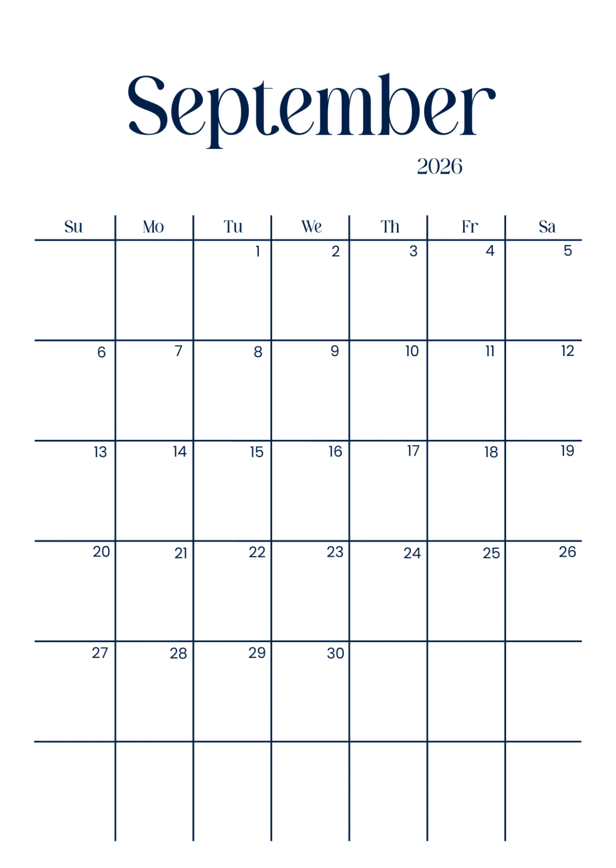 September 2026 Blank Printable Calendar