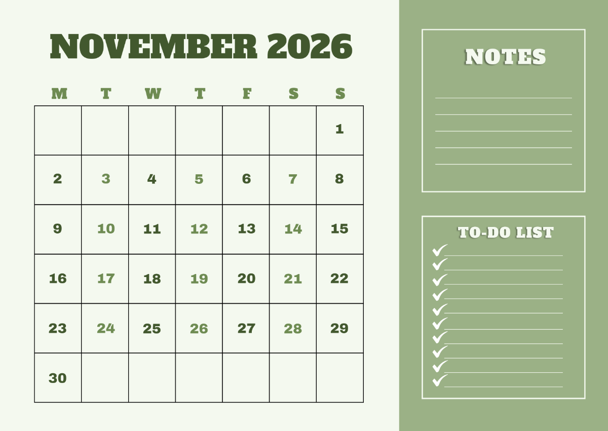 Free Simple November 2026 Calendar With Notes Template To Edit Online