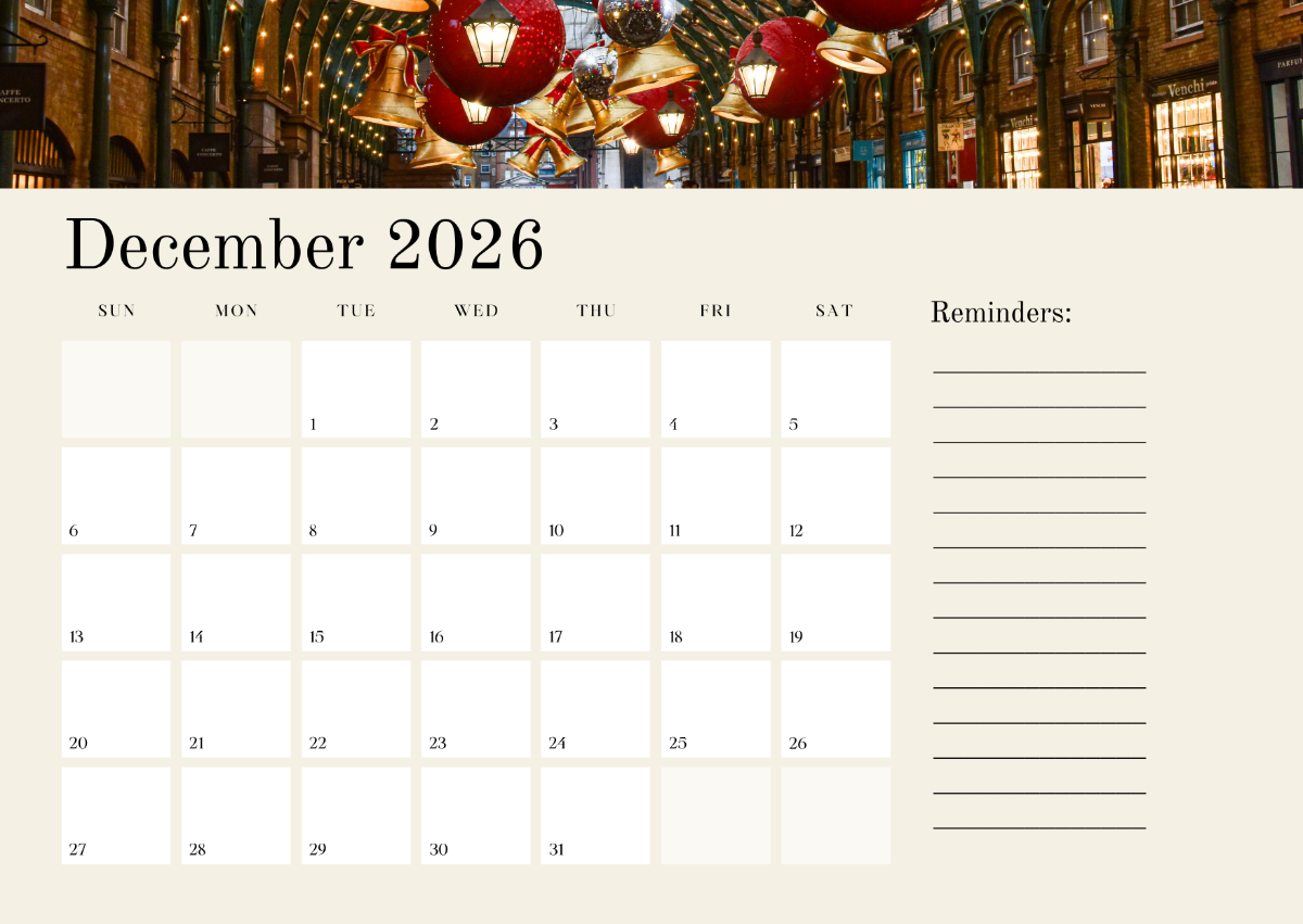 Free Sunday Start December 2026 Editable Calendar Template To Edit 