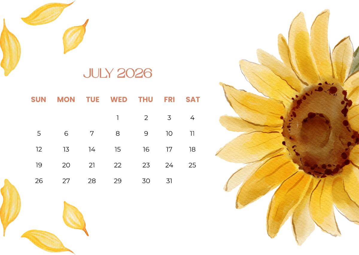 Free Sunflower July 2026 Calendar Template To Edit Online