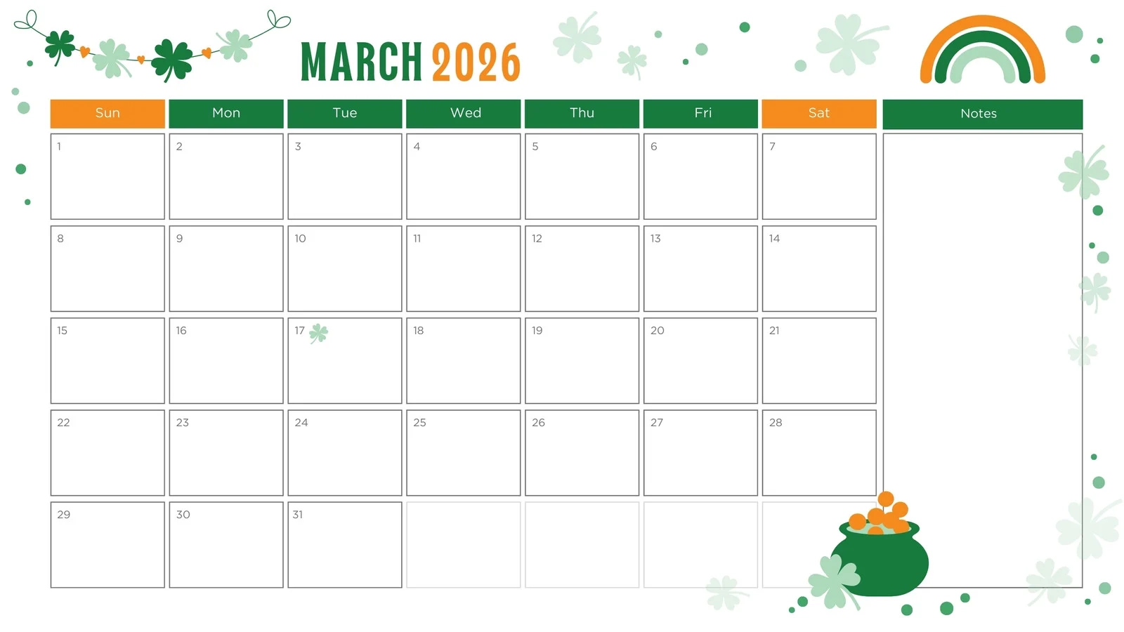 Blank Printable March 2026 Calendar